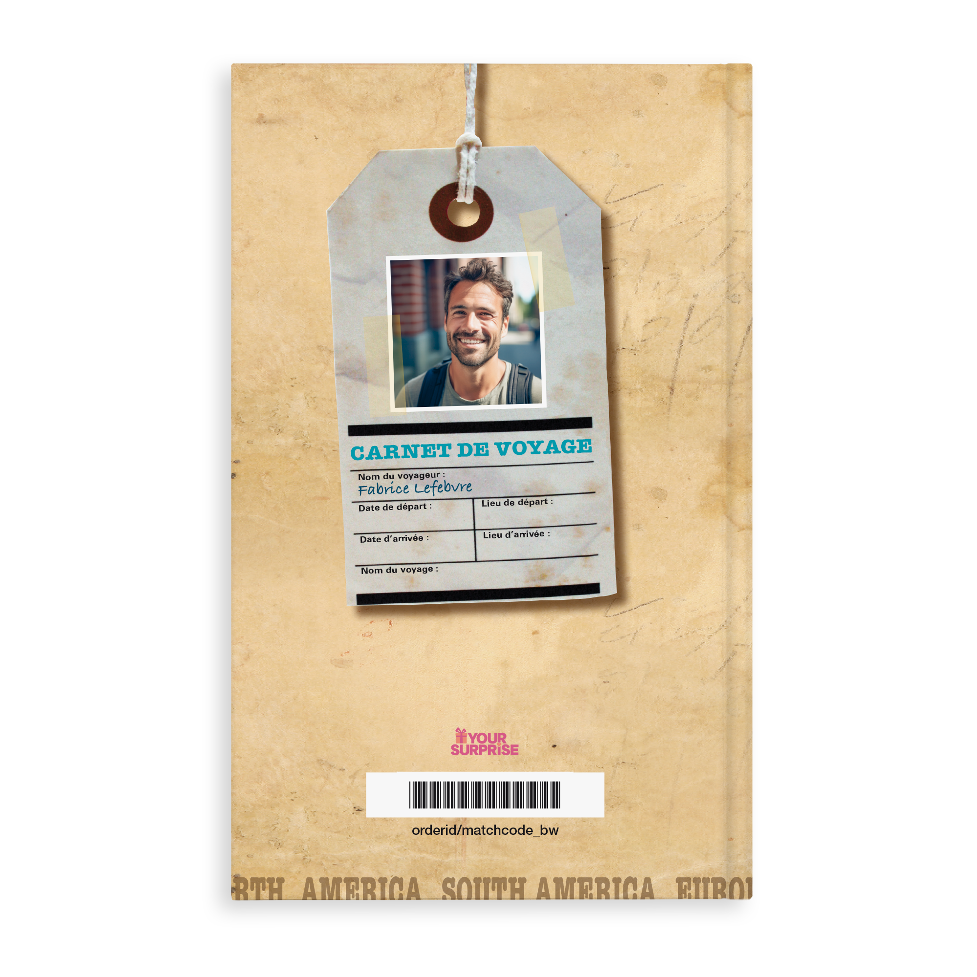 Carnet de voyage personnalisé imprimé avec une photo et le nom Fabrice Lefebvre.