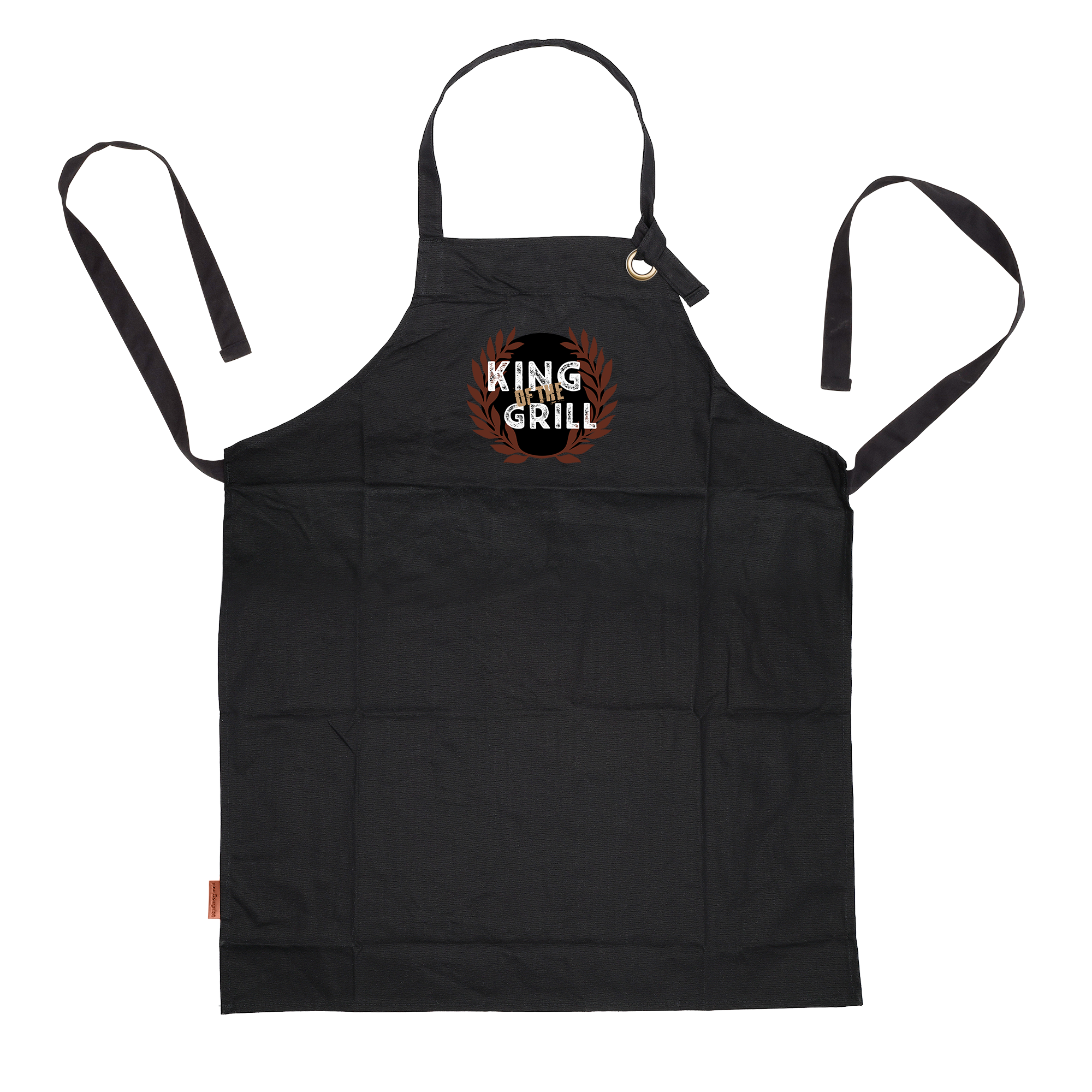 Black BBQ apron with a personalized King of the Grill design, part of a Smokey Goodness BBQ gift set.