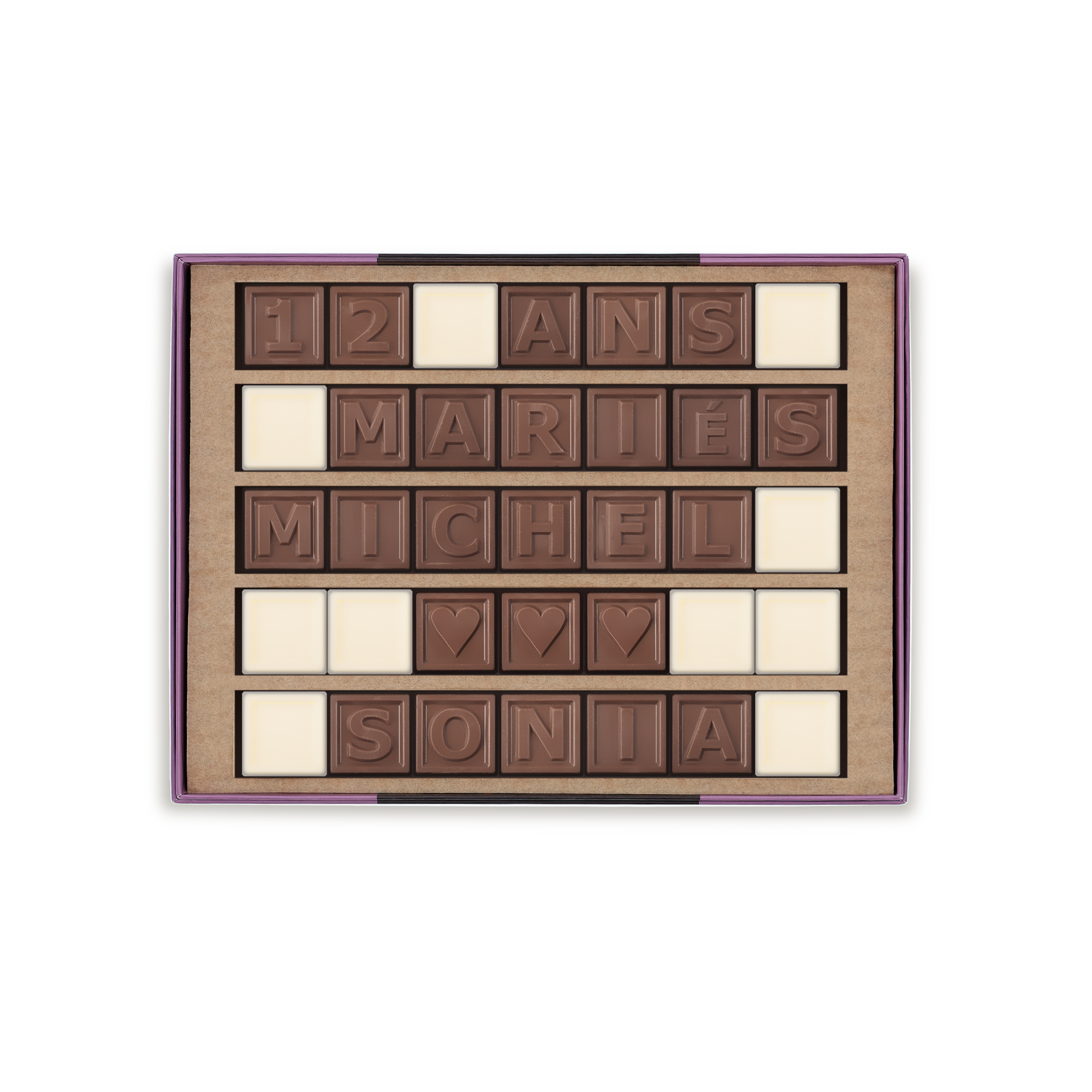 Votre télégramme chocolaté personnel affiche 12 ANS MARIES MICHEL Sonia avec des cœurs et des espaces blancs.