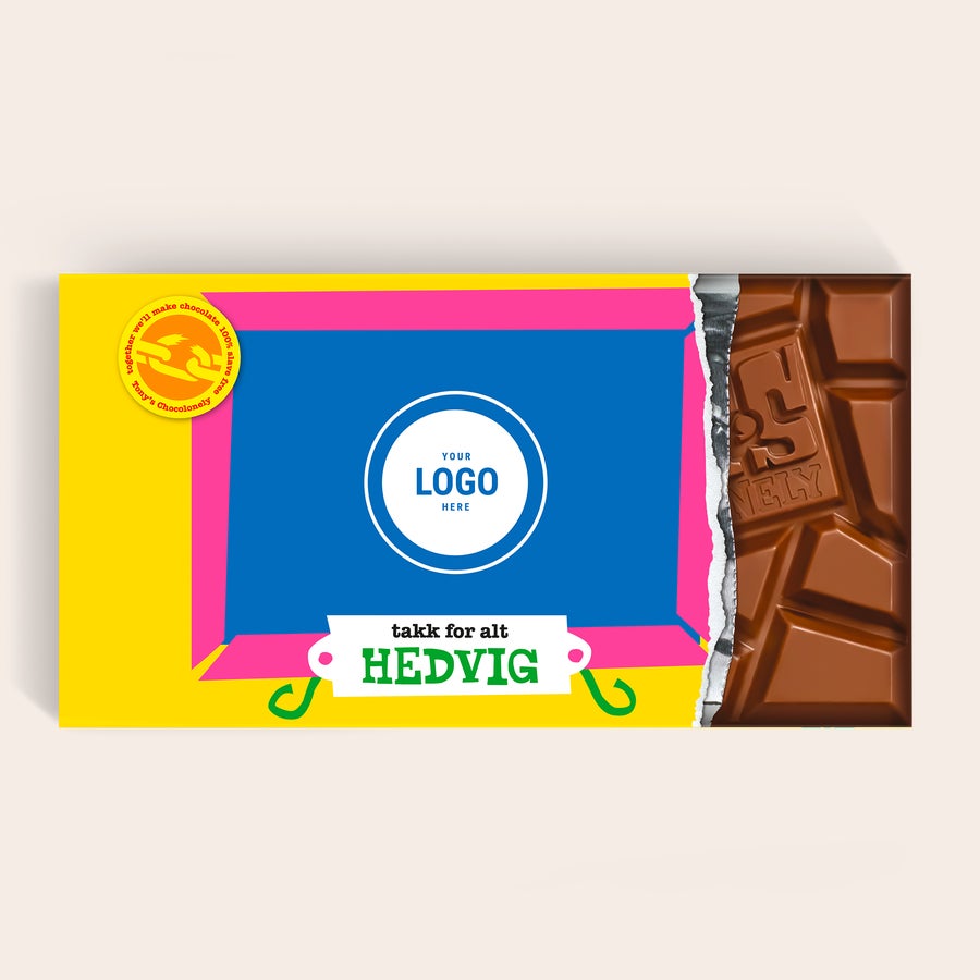 En utsøkt XL Tony's Chocolonely-sjokolade.(5 sjokoladeplater) XL Tony's Chocolonely-sjokolade med et personlig trykt omslag som inkluderer navnet Hedvig.