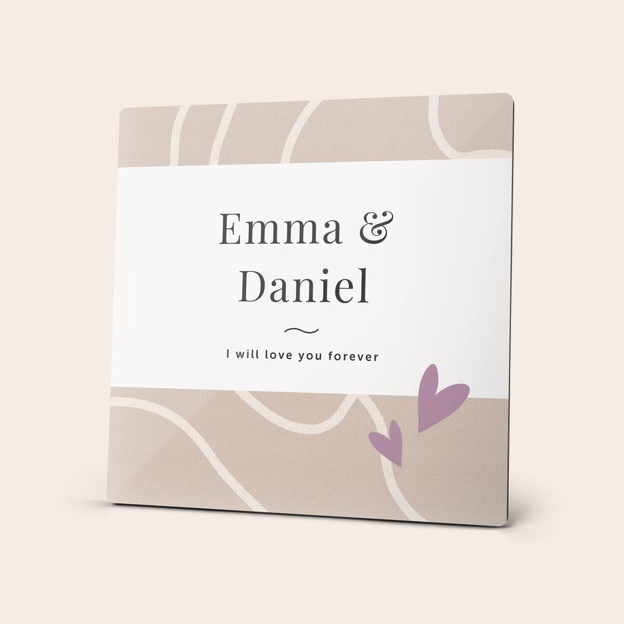 Foto na sololitu - 15 x 15 cm Stojanový obrázek potištěný textem "Emma & Daniel" a "I will love you forever" se dvěma srdíčky