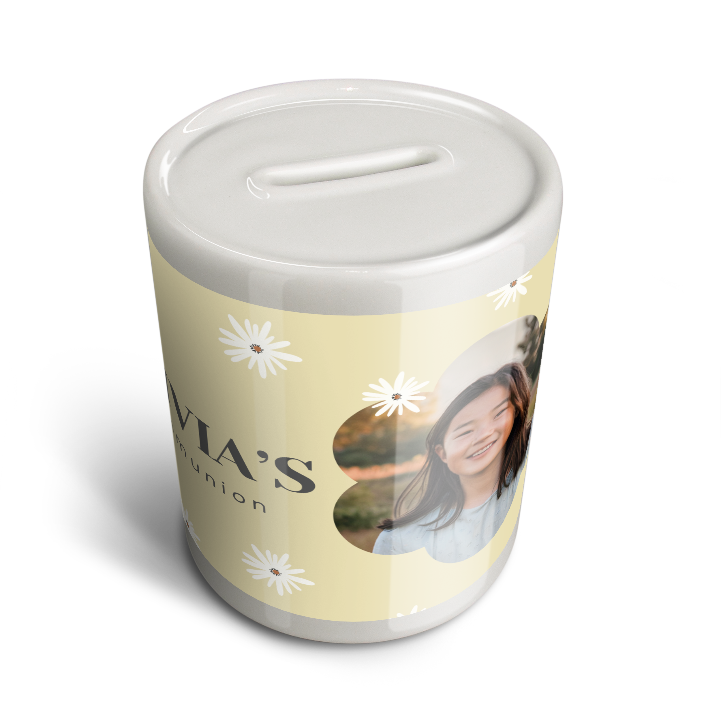 Personalisierte Spardose für Kommunion mit Foto von Olivia und Namen aufgedruckt, ein ideales Geschenk zur Kommunion