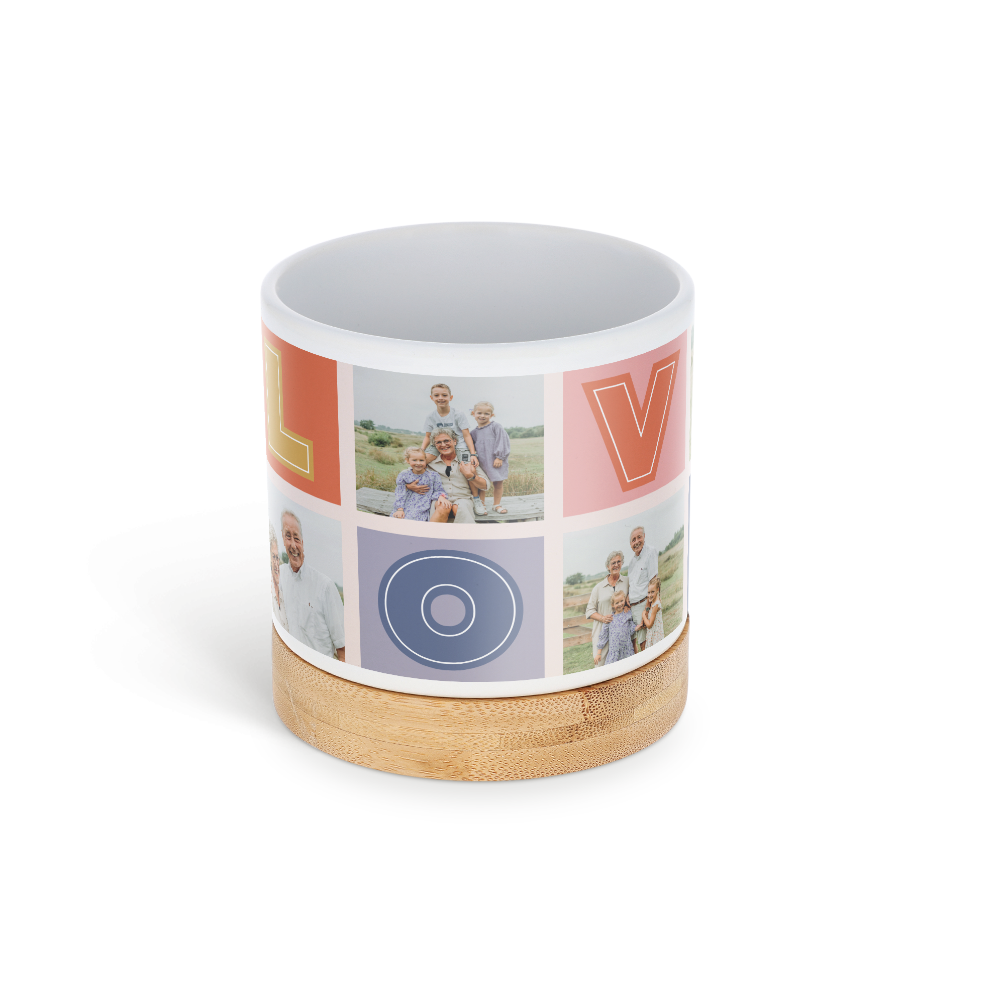 Personalized ceramic flower pot with a photo collage and the word LOVE printed, on a bamboo coaster for a personal touch theyll treasure