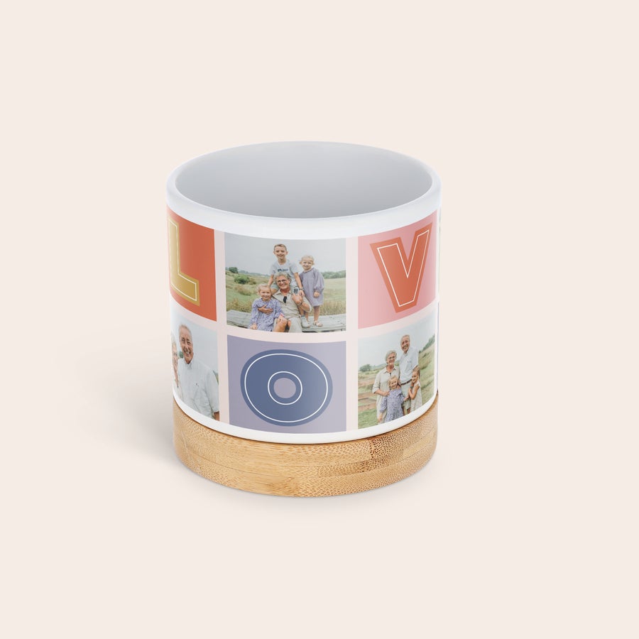 Vaso de flores personalizado Vaso de flores personalizado com fotos de família impresso com um toque pessoal e verde que eles irão valorizar. Base de bambu.