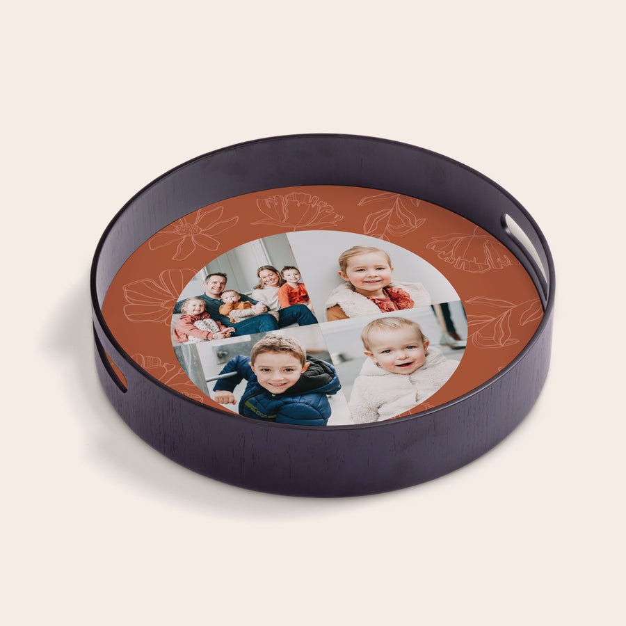 Bandeja para servir personalizada - Redonda Bandeja de madera redonda personalizada con fotos de niños y familia, estampada a todo color para servir delicias.
