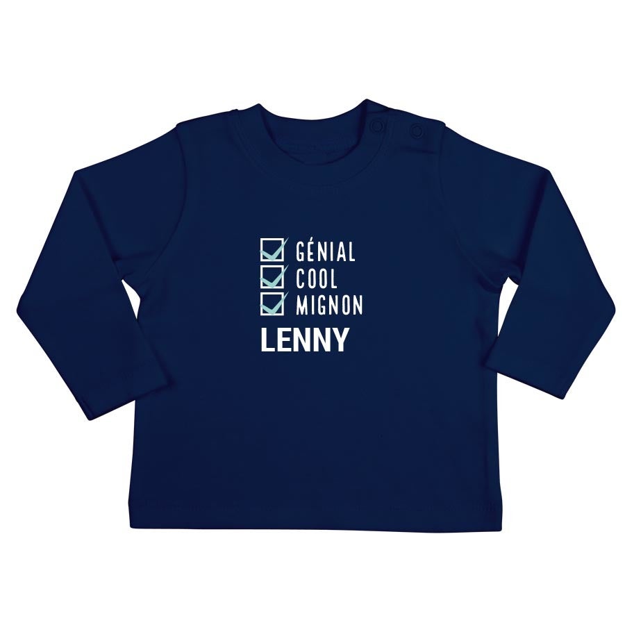 T-shirt bébé personnalisé - Manches longues - Bleu marine - 62/68 T-shirt bébé personnalisé - Manches longues - Bleu marine - 62/68