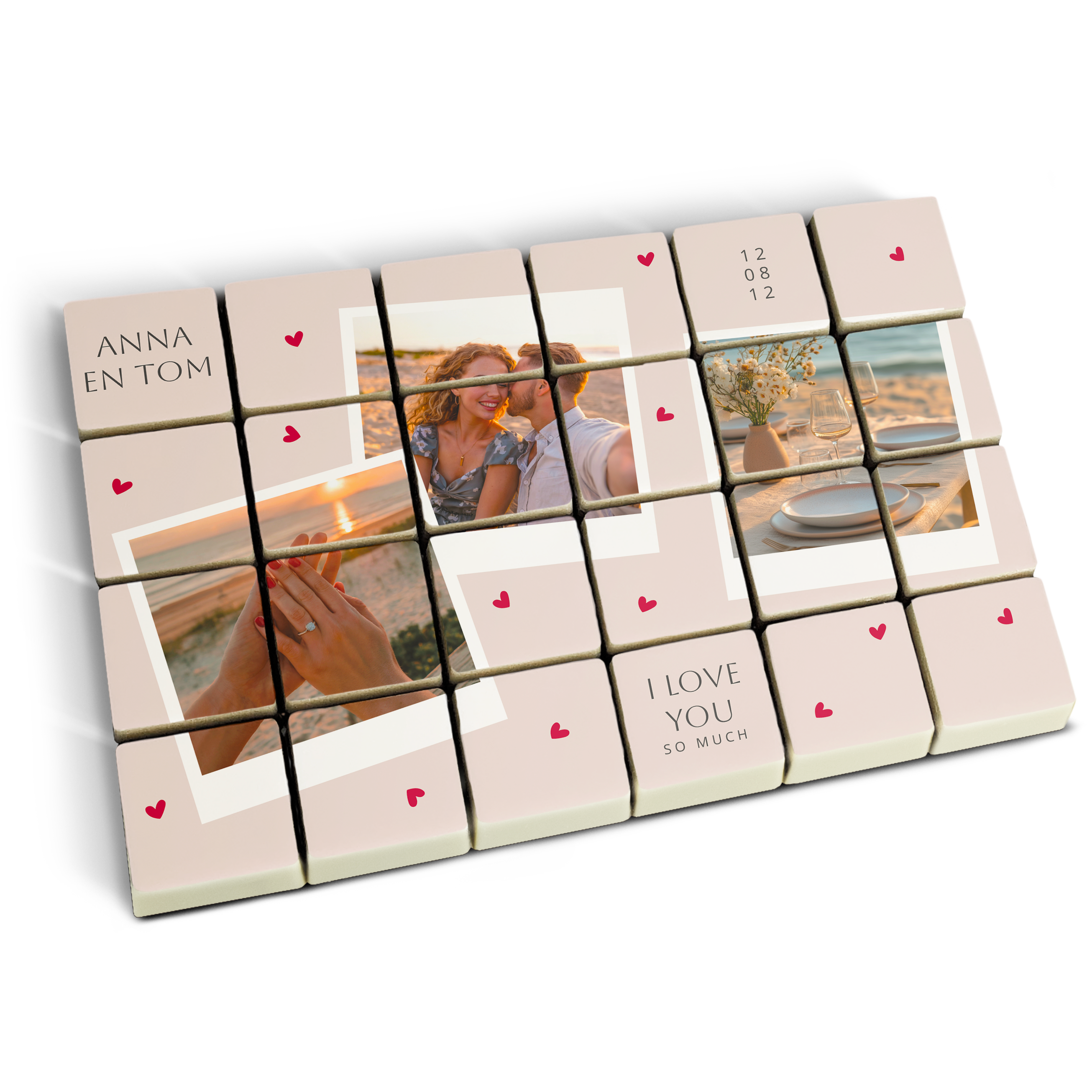 Cioccolatini a praline personalizzati con foto stampata di coppia, data, testo I love you e cuori rossi, una sorpresa dolcissima