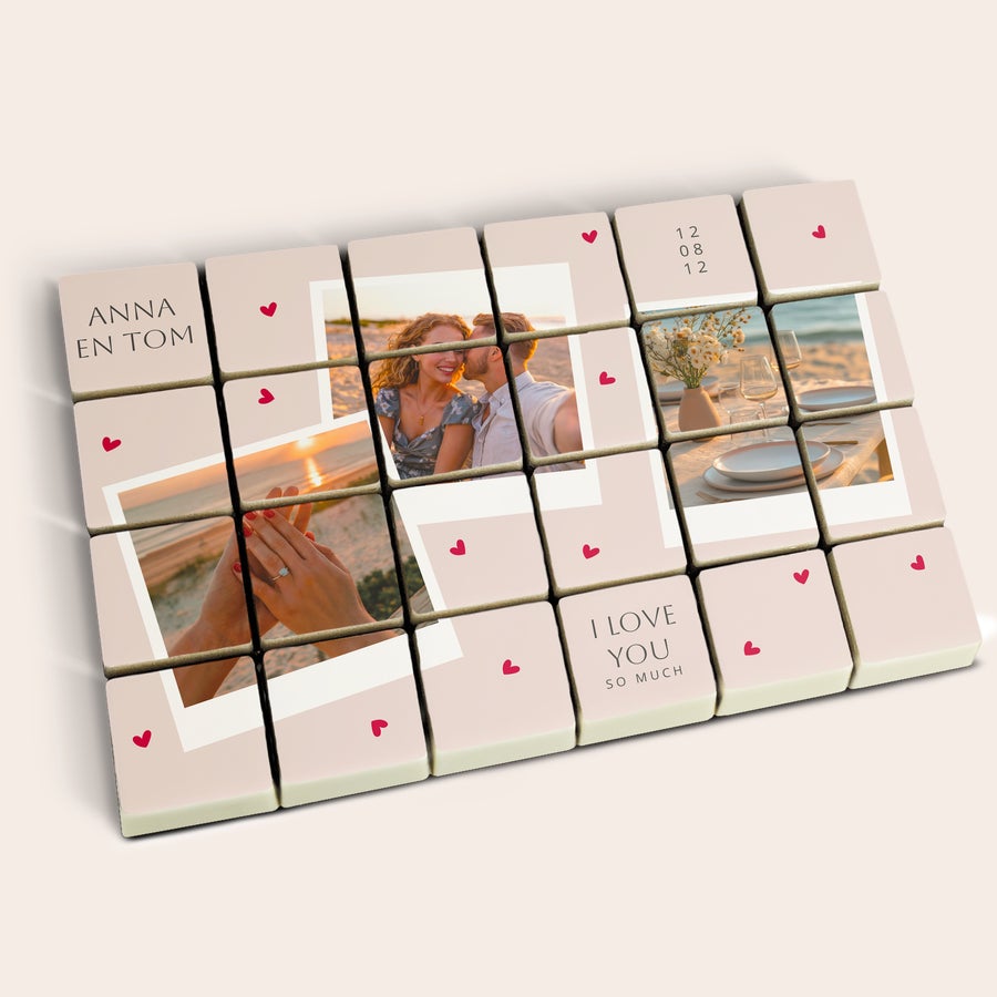Puzzle di Cioccolato con Foto Cioccolatini a praline personalizzati con foto stampata di coppia, data, testo I love you e cuori rossi, una sorpresa dolcissima
