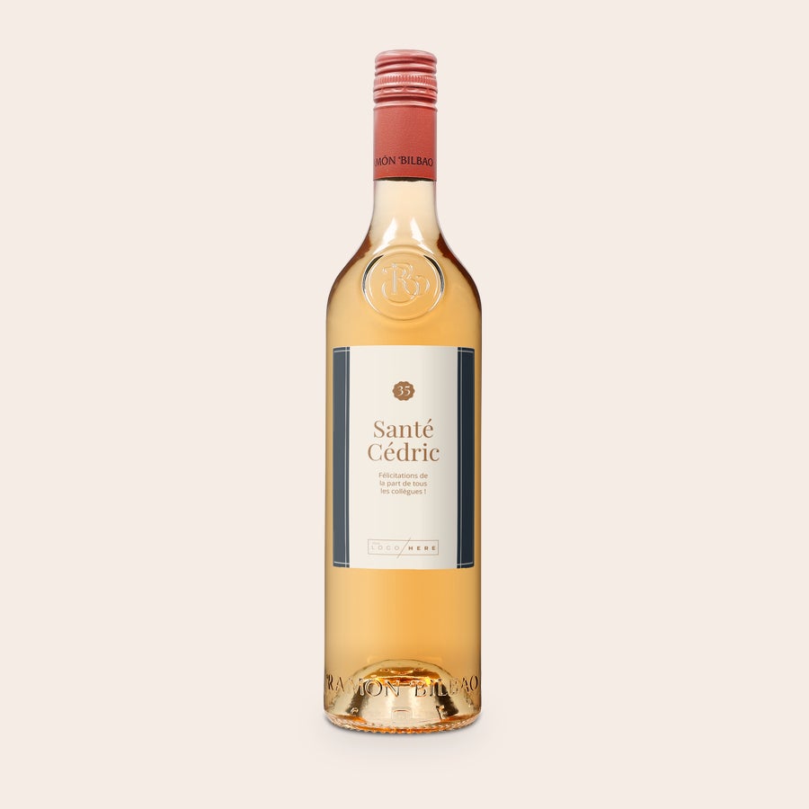 Ramon Bilbao Rosé - Étiquette personnalisée Bouteille de vin rosé Ramon Bilbao avec une étiquette personnalisée imprimée Santé Cédric Félicitations de la part de tous les collègues