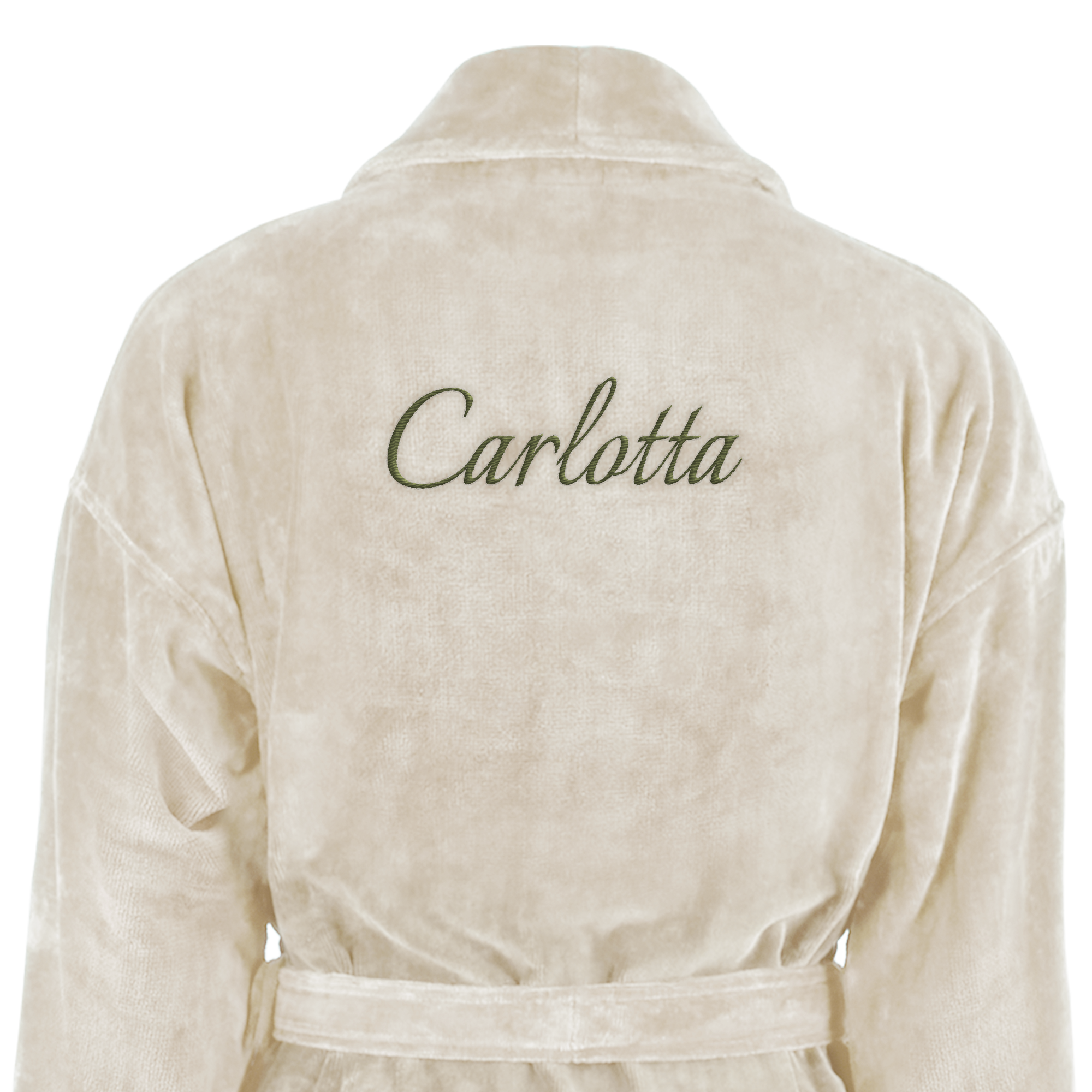 Cremefarbener Bademantel mit Schalkragen und dem Namen Carlotta in Grün auf den Rücken gestickt. Ihr eigener Bademantel mit Namen bestickt