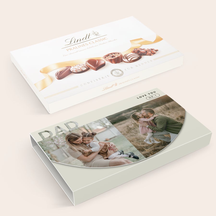 Lindt Pralines Du Confiseur Personoitu suklaarasia klassisilla Lindt-praliineilla, omalla valokuvalla ja tekstillä painettu kansi.