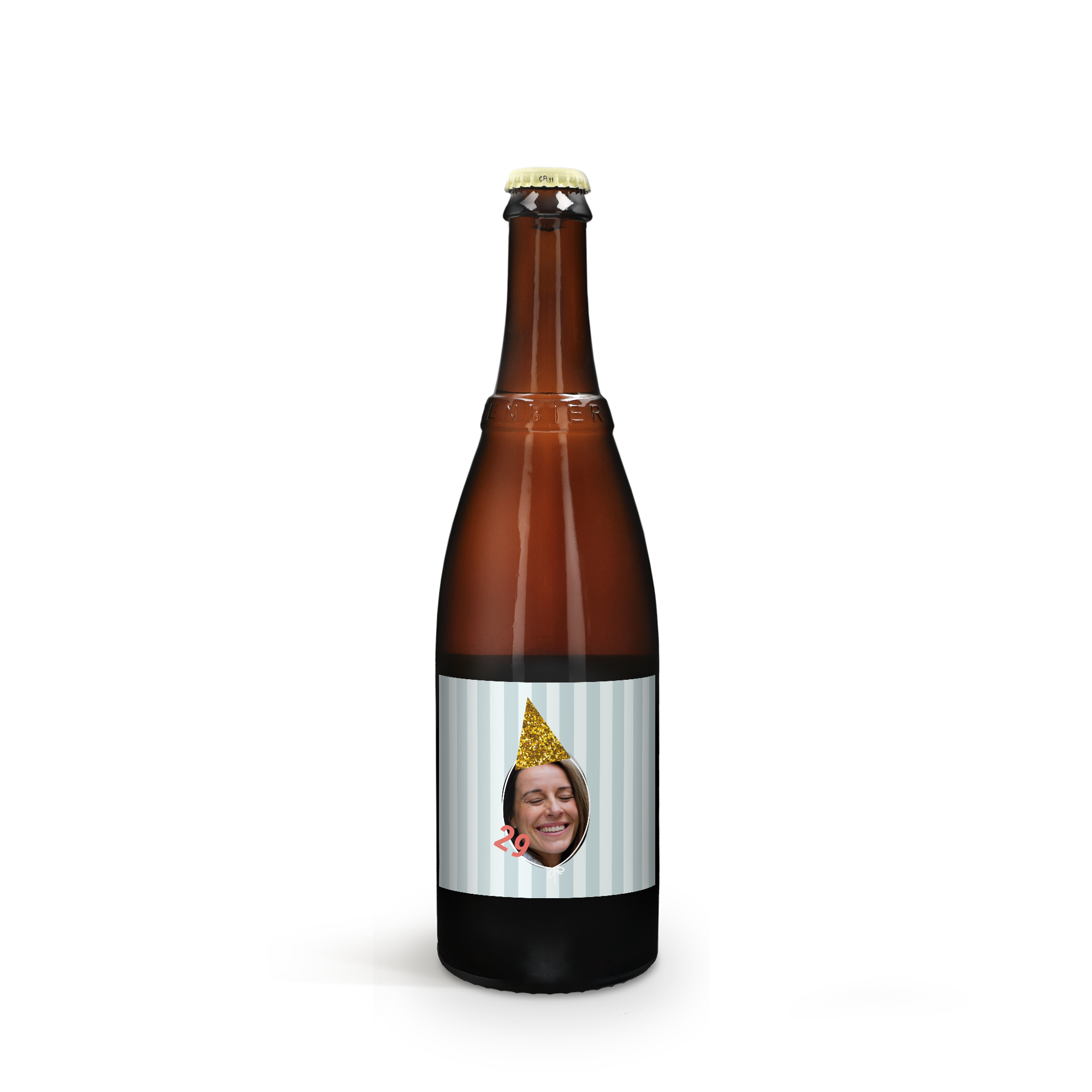 Sticlă de bere Westmalle Tripel cu etichetă personalizată imprimată cu fotografie și numărul 29