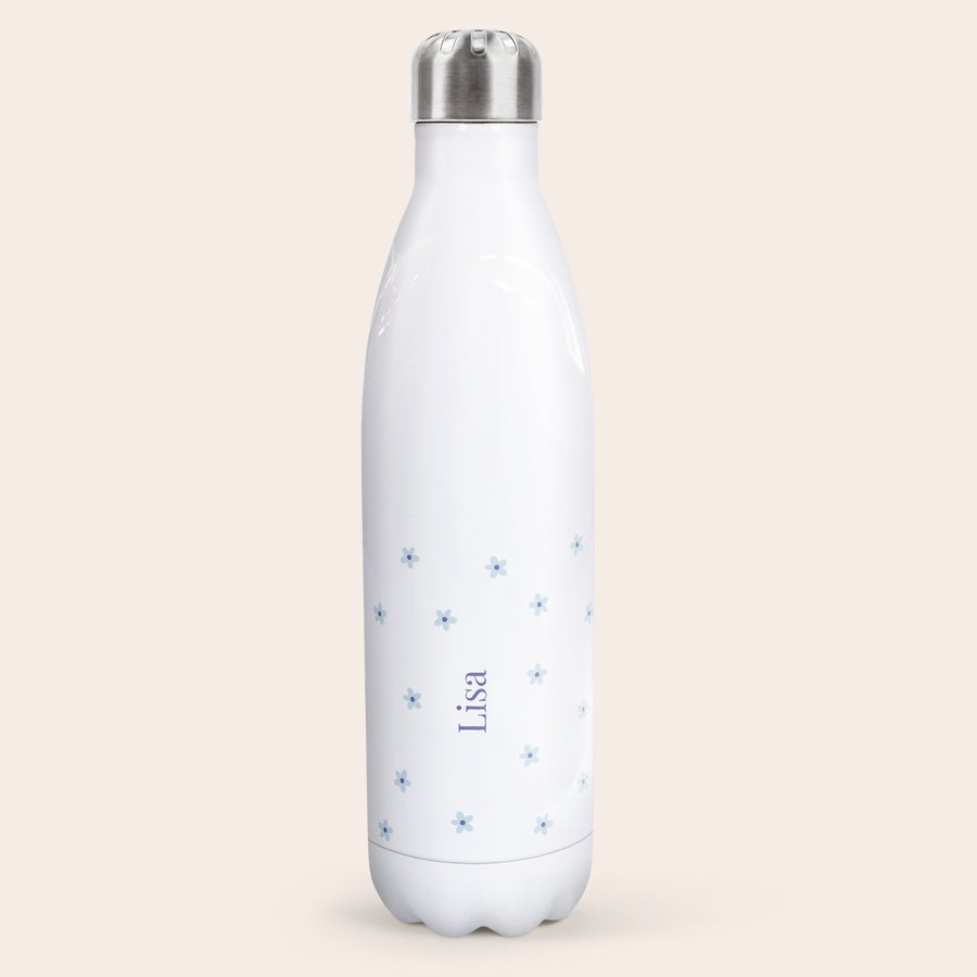 Drinkfles bedrukken Witte drinkfles met naam Lisa en blauwe bloemen geprint, een persoonlijke fles voor elk avontuur.