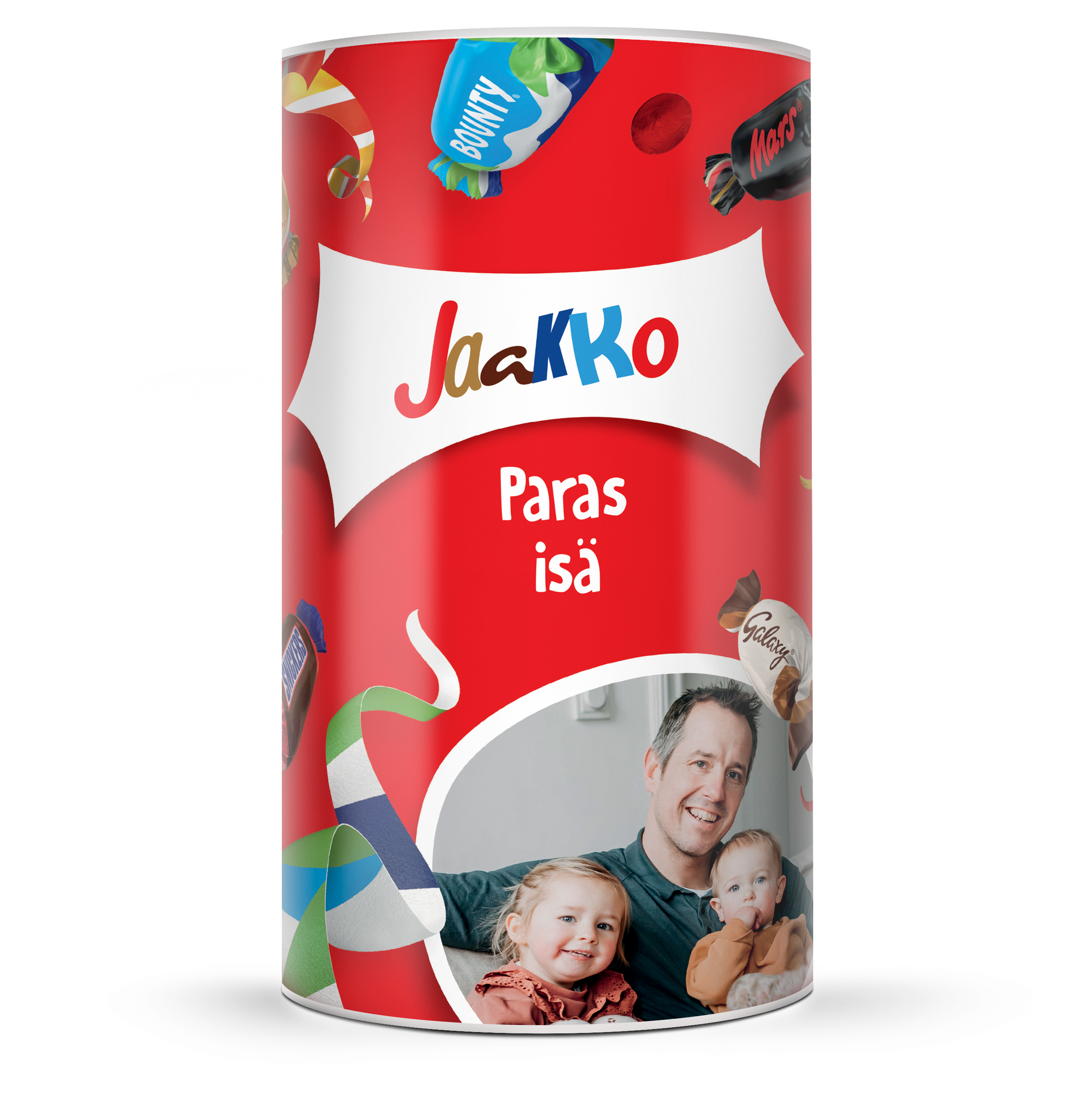 Punainen yksilöitävä tuubi suklaakonvehteja, jossa on painettu kuva isästä ja lapsista sekä teksti Jaakko Paras isä