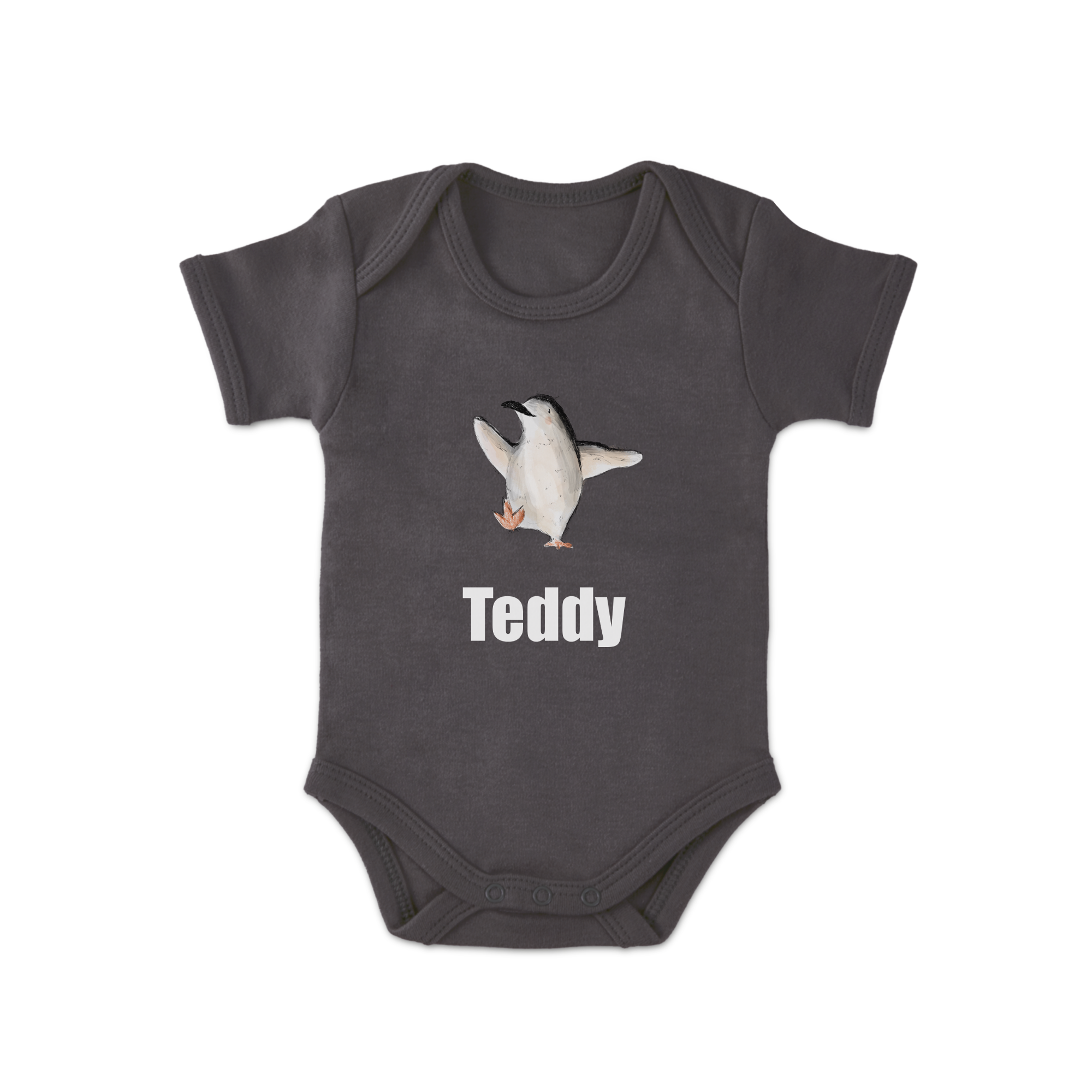 Sivý overal pre bábätko s potlačou tučniaka a mena Teddy. Prekvapte nových rodičov roztomilým overalom s potlačou.