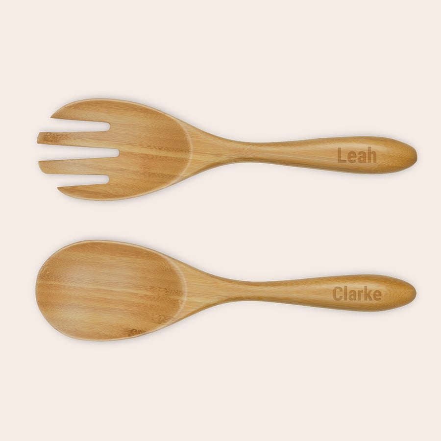 Personalised bamboo salad servers Personalised bamboo salad servers