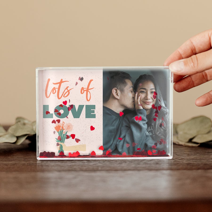 Bola de nieve personalizada - Rectangular Bloque de nieve personalizado con la foto impresa de una pareja y texto "Lots of Love"