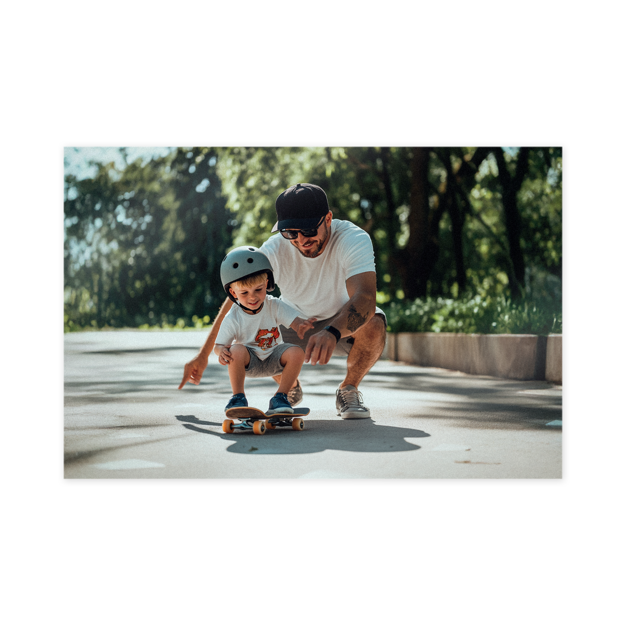A personalized photo on forex printed with a man teaching a child to skateboard
