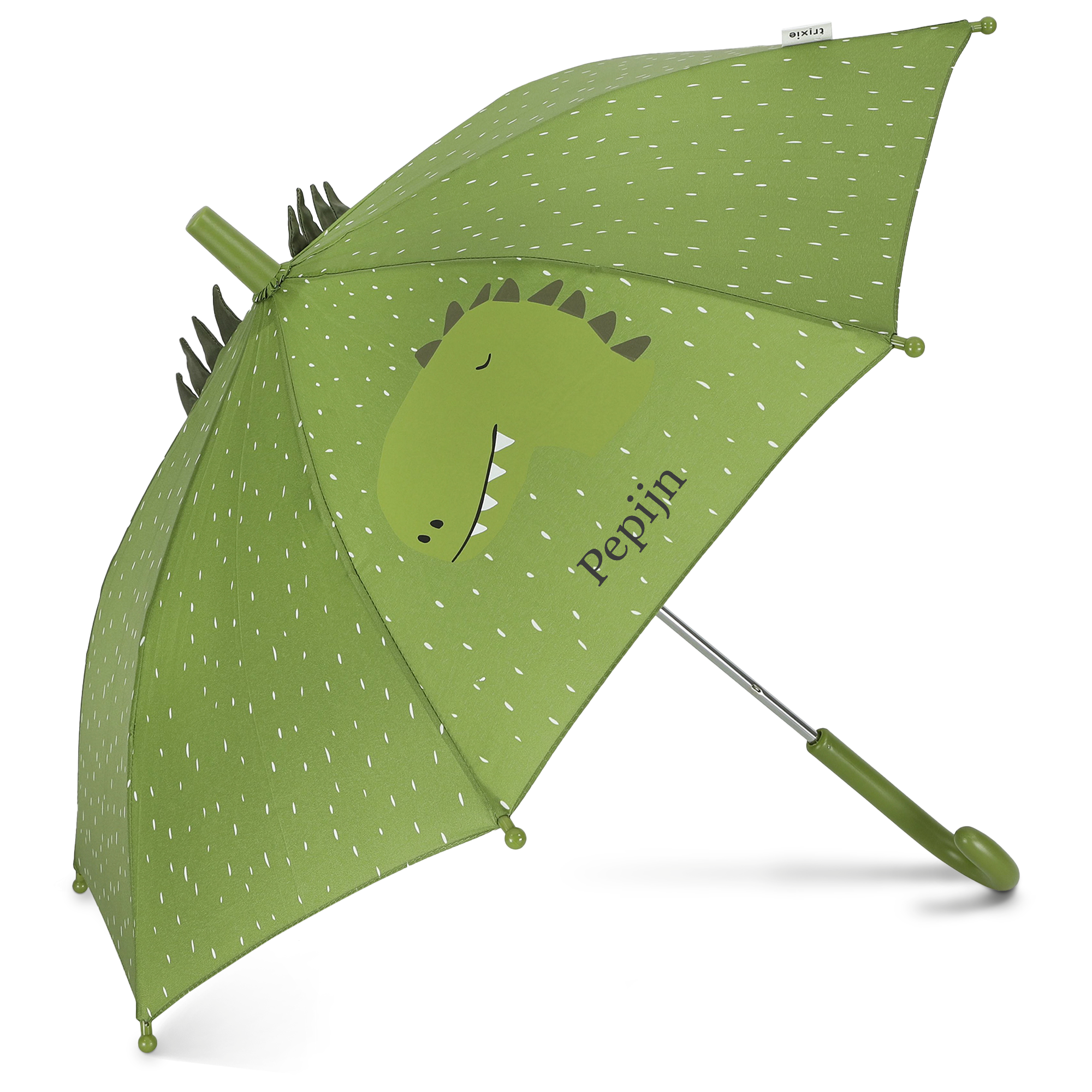 Groene kinderparaplu met dinosaurus en de naam Pepijn, bedrukt met een dierenparaplu met naam.