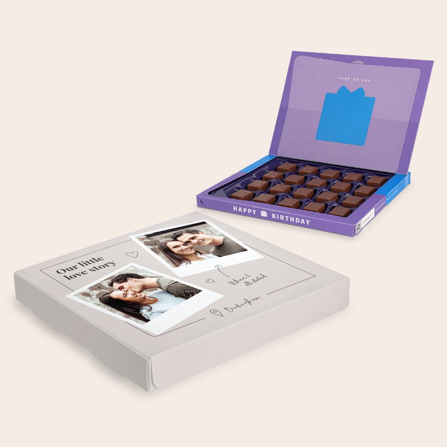Milka Pralines Kjærlighet Milka-gaveeske trykket med personlig design, bilde, navn og hilsen.