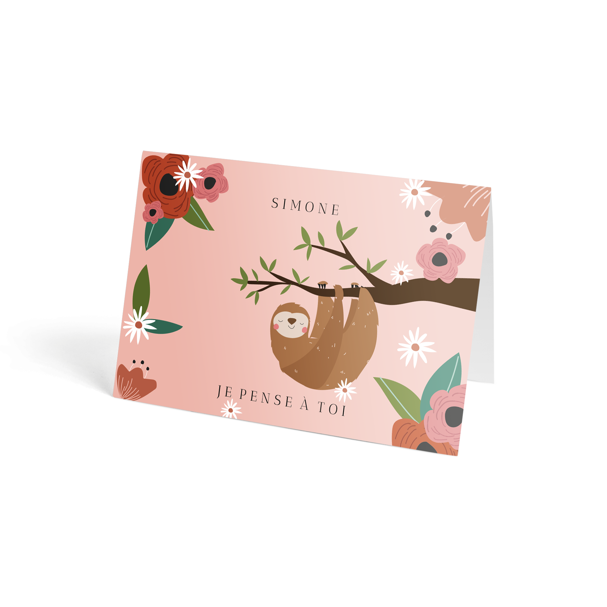 Roses postales - Blanc personnalisée avec un paresseux, des fleurs colorées, le nom Simone et le message Je pense à toi, un cadeau unique imprimé