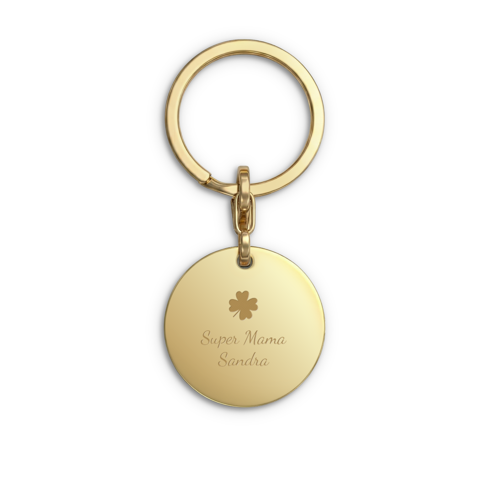 Sleutelhanger graveren - Rond - Goud met een klavertje en de tekst Super Mama Sandra. Personaliseerbaar met eigen gravering.