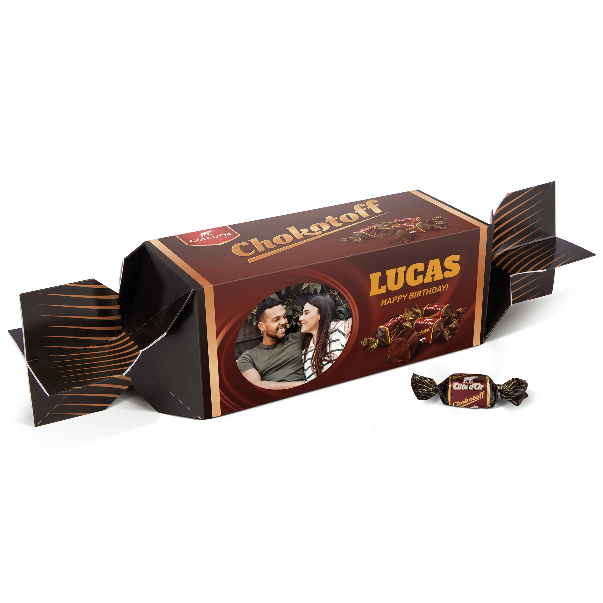 Yksilöity XXL Chokotoff-karkkirasia painetulla kuvalla ja tekstillä "Lucas Happy Birthday!".