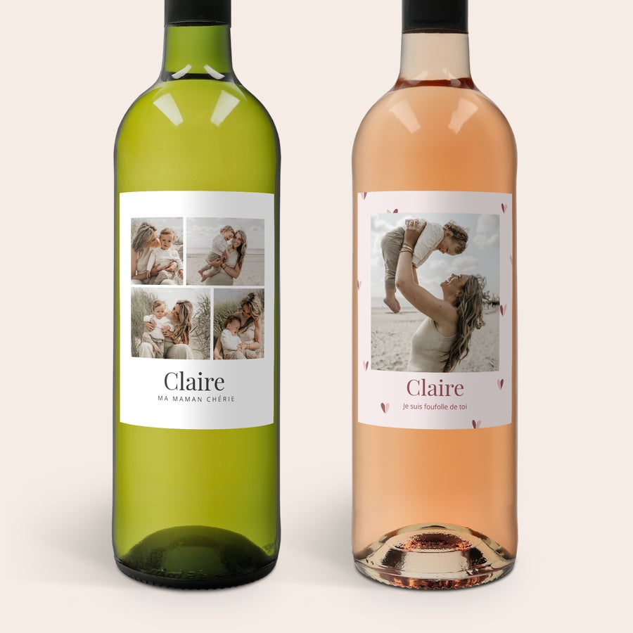 Coffret vin personnalisé - Belvy - Rouge, Blanc & Rosé Coffret Belvy rosé & blanc avec étiquettes personnalisées imprimées avec des photos de Claire et son enfant.