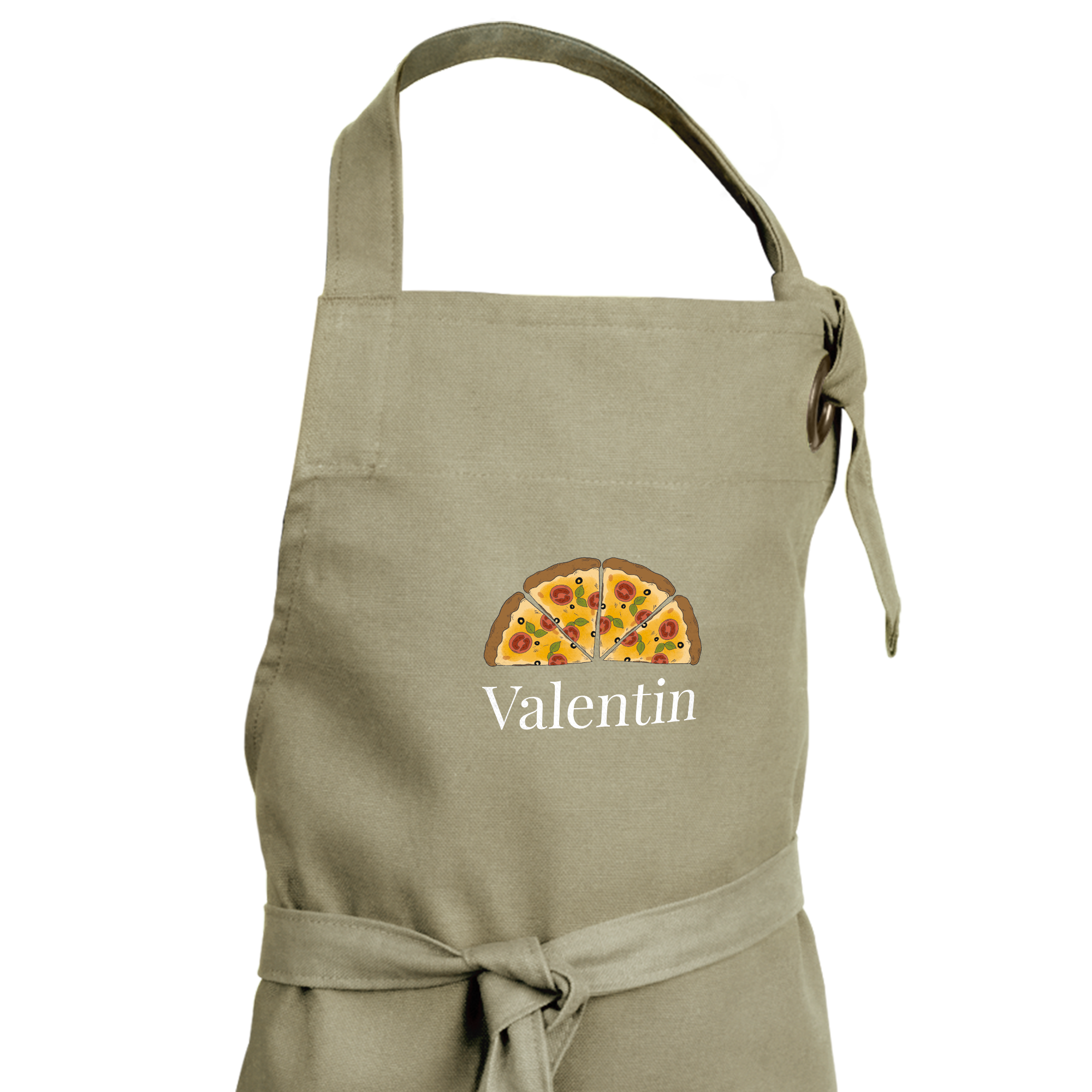 Beige Kinderschürze mit vier Pizzastücken und dem Namen "Valentin" bedruckt