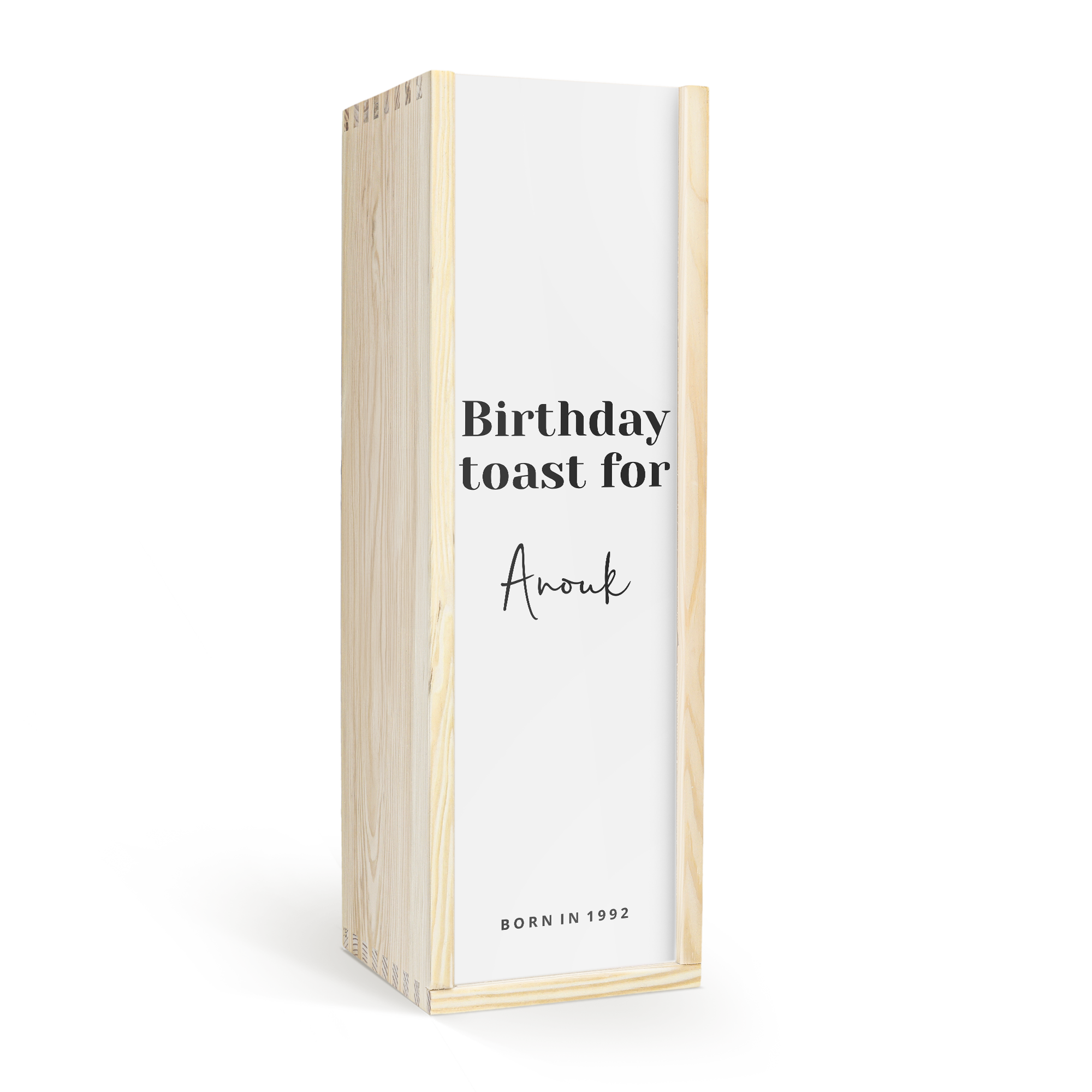 Personalized wooden case for champagne with "Birthday toast for Anouk born in 1992" printed on the lid as a gift