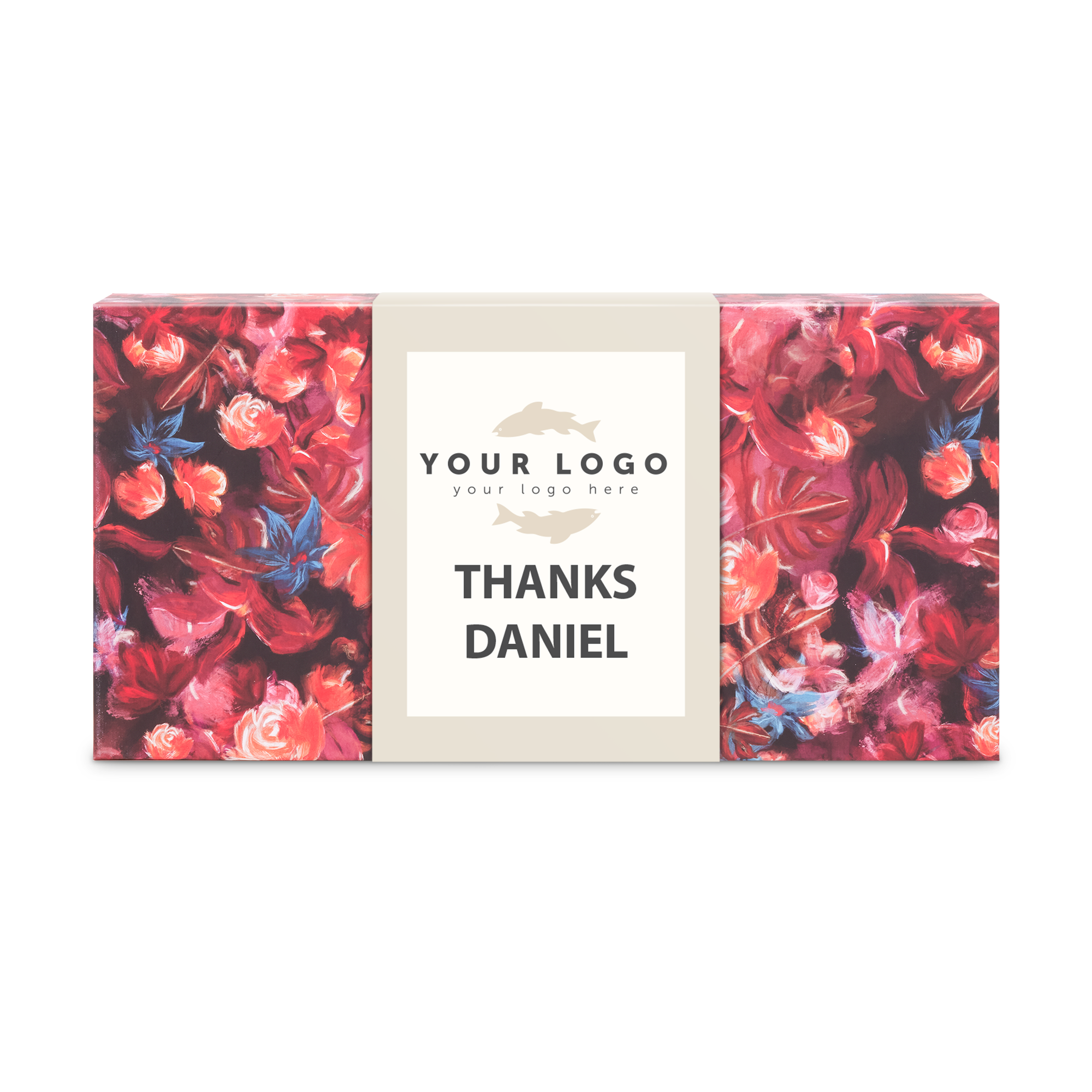 Confezione regalo personalizzata con motivo floreale rosso e scritta "Thanks Daniel" per un momento spa rilassante