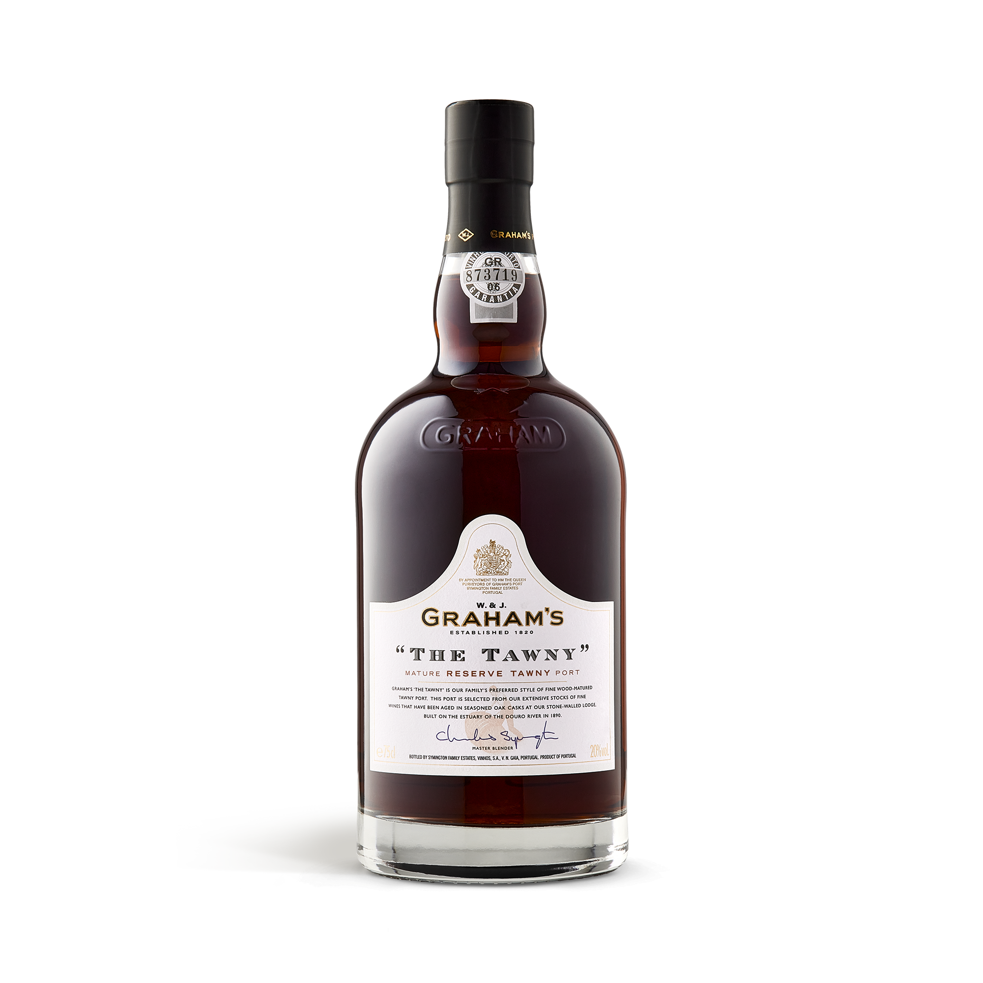 A bottle of Graham's The Tawny Reserve port, ready to be placed in an engraved wooden case.