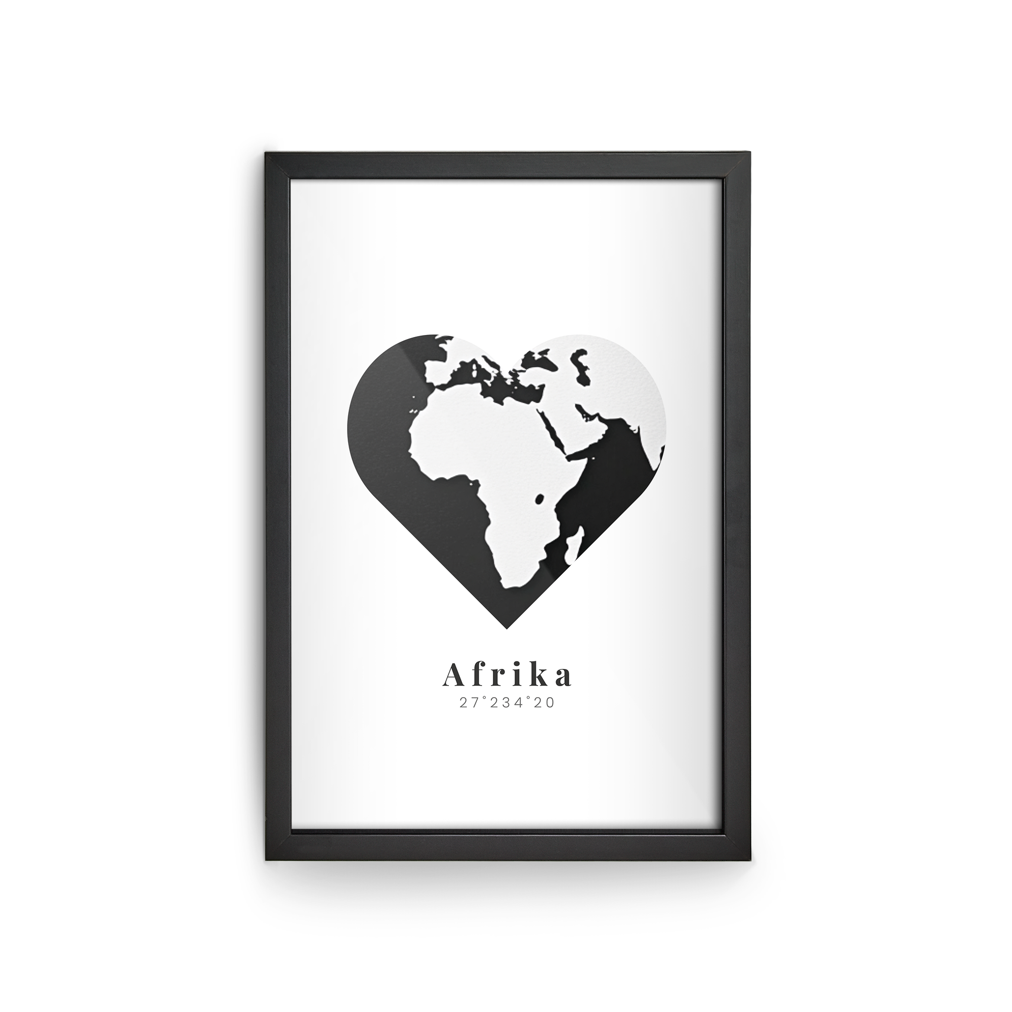 Stampa fotografica con cornice in legno laccato nero, personalizzata con mappa dell'Africa e testo "Afrika 27°23'4"20"