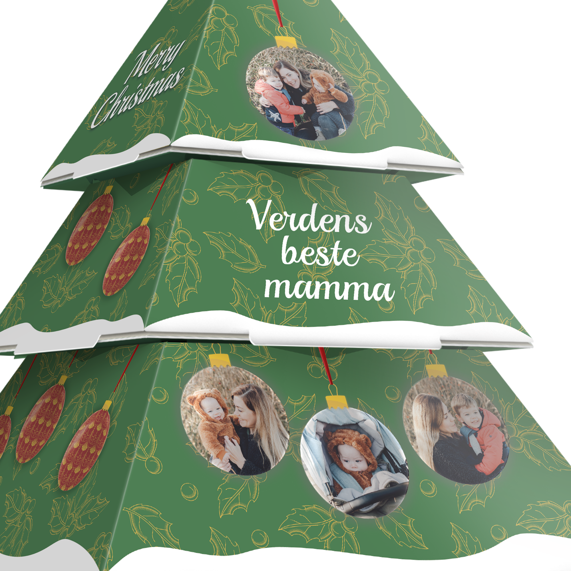 DIY papirjuletre med trykt tekst Lys opp høytiden med et personlig preg, foto og navn.