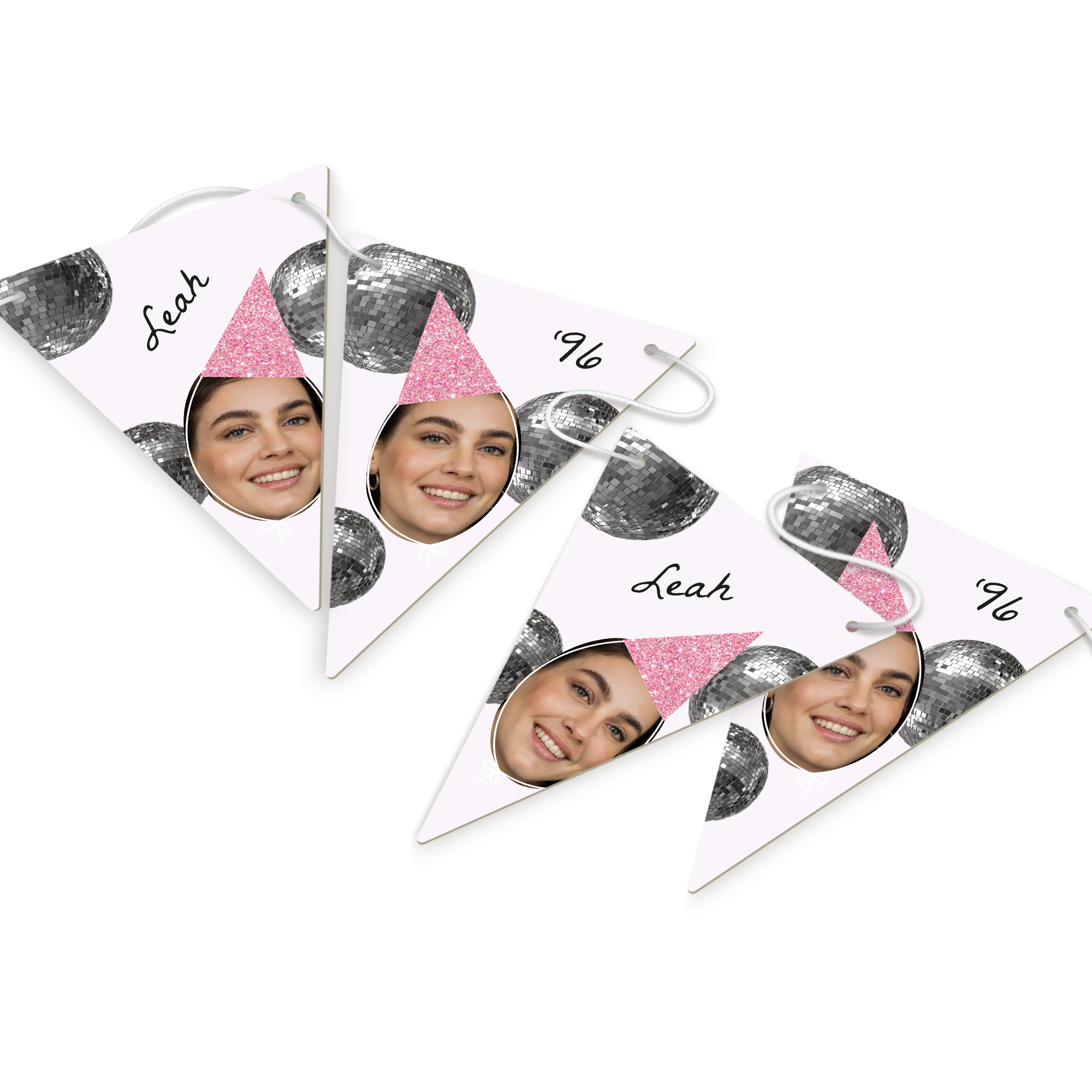 Personalised garland - Triangle - M - 10m, printed with a photo of a woman in a pink party hat, name Leah, and disco ball design