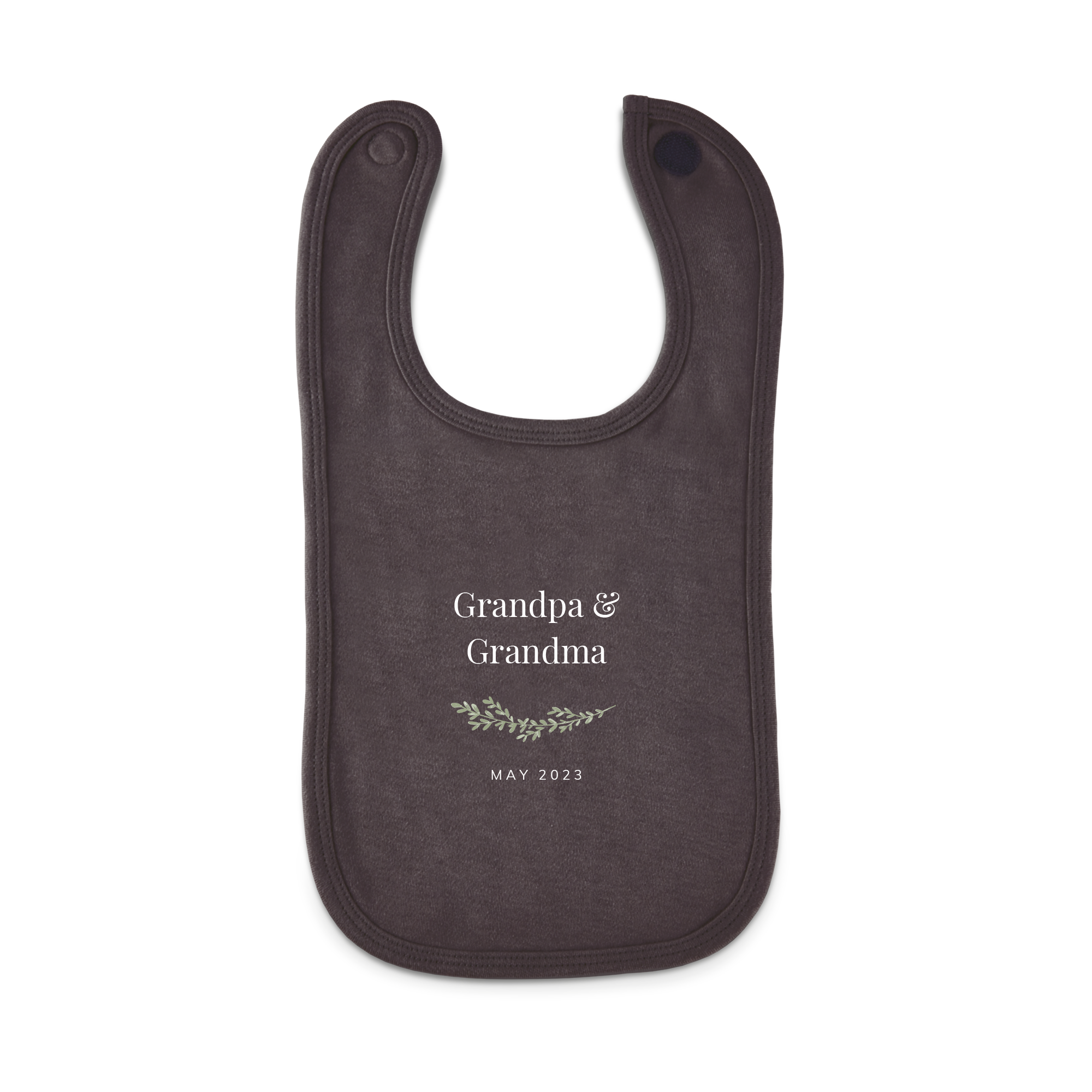 Dark gray personalised bib printed with "Grandpa & Grandma" and "MAY 2023" with a leaf design