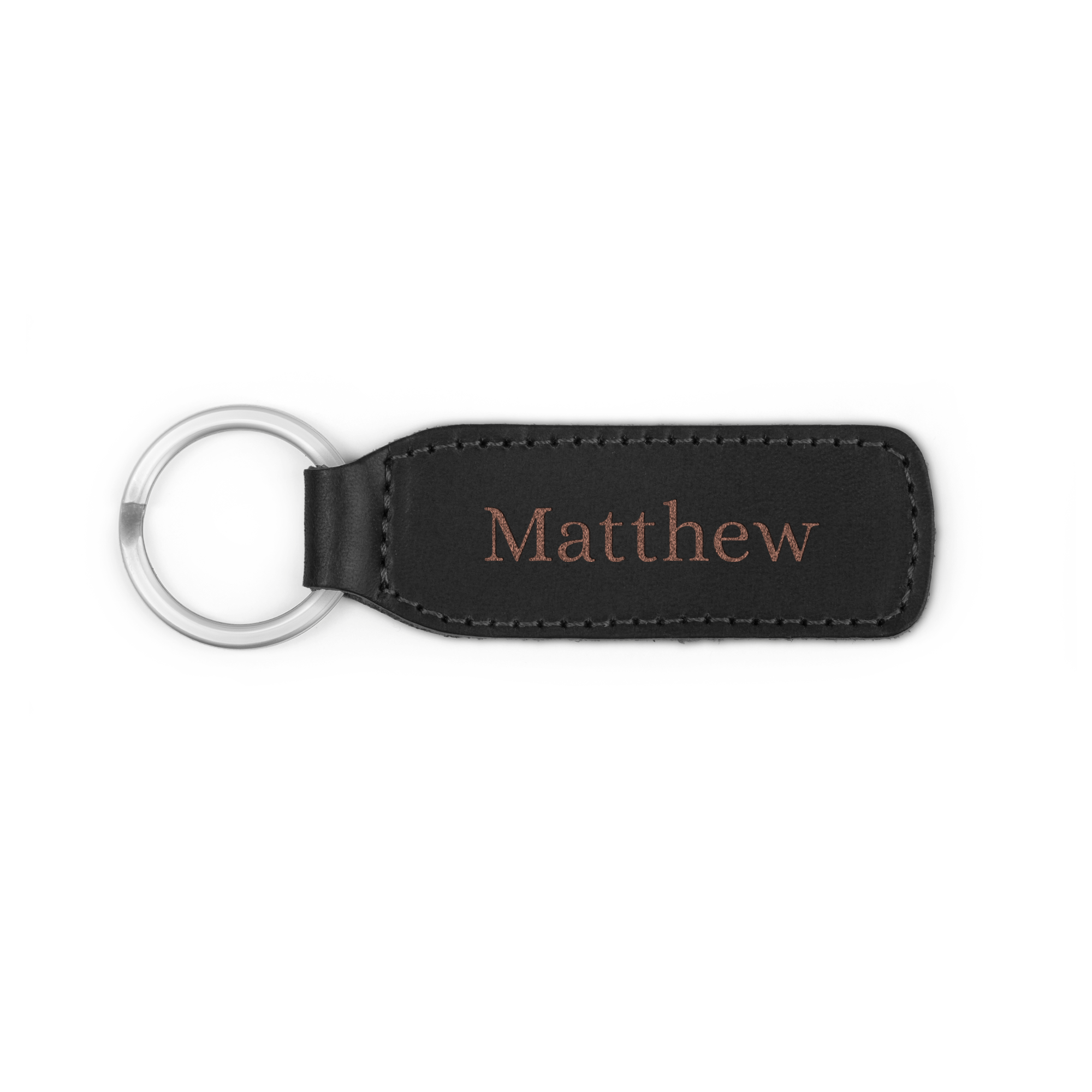 Černá kožená klíčenka s vyrytým jménem Matthew, ideální doplněk ke klíčům.