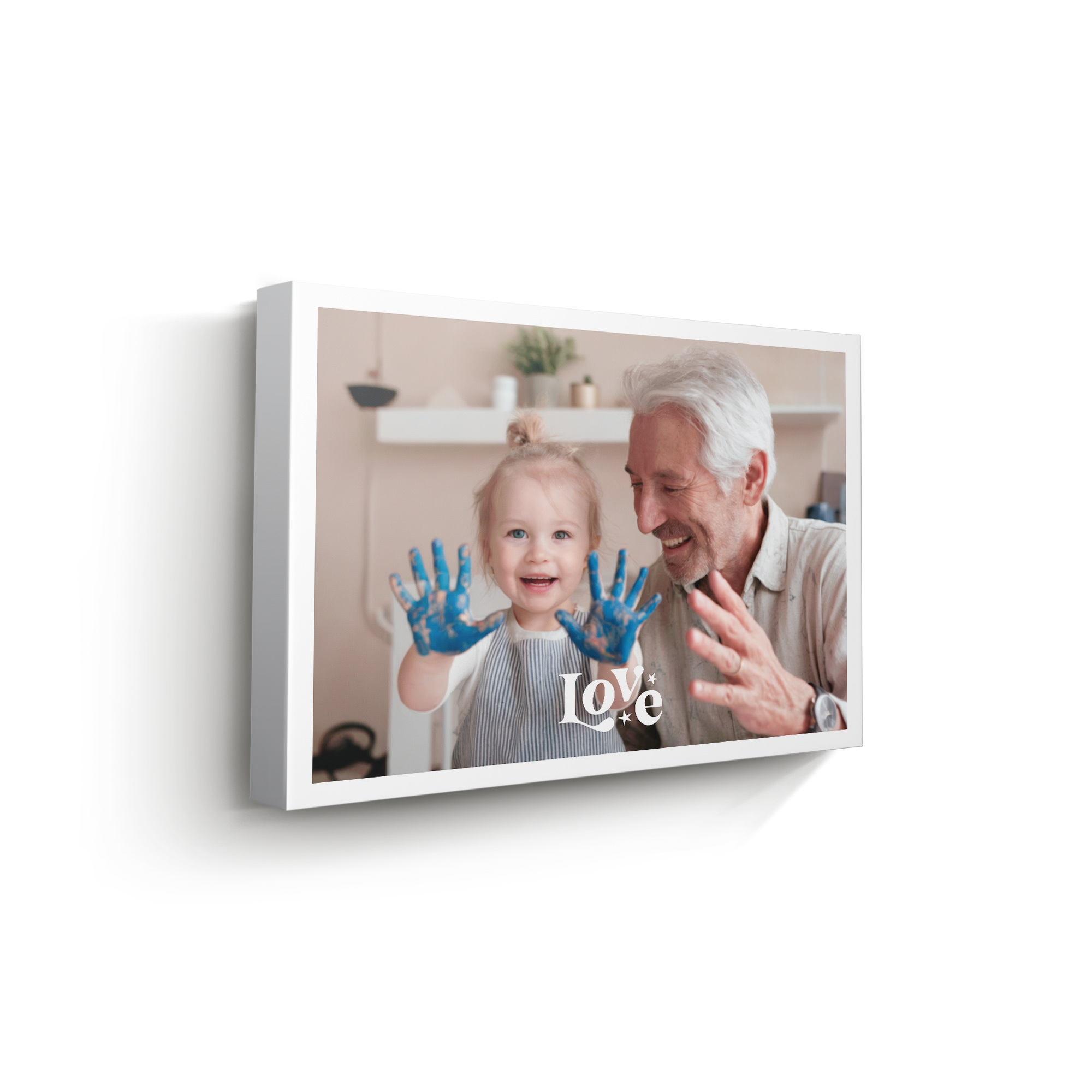 Tela personalizzata con la stampa di una foto di una bambina con le mani blu e un uomo sorridente, con la scritta love