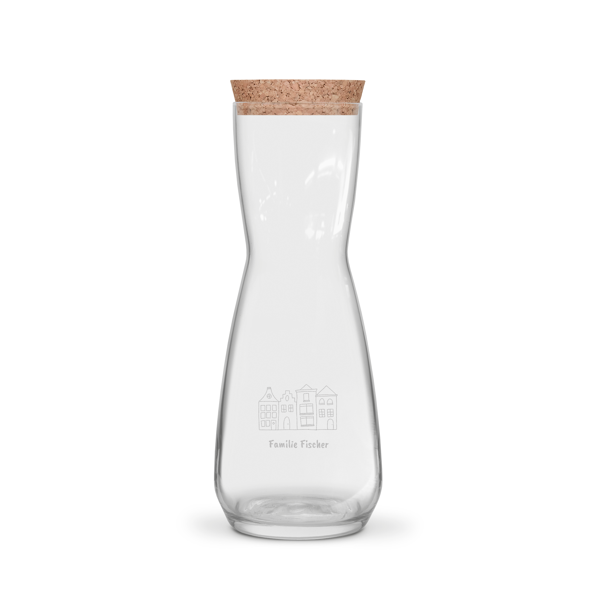 Karaffe aus Glas mit Korken, graviert mit Häusern und dem Namen Familie Fischer, für dein Lieblingsgetränk