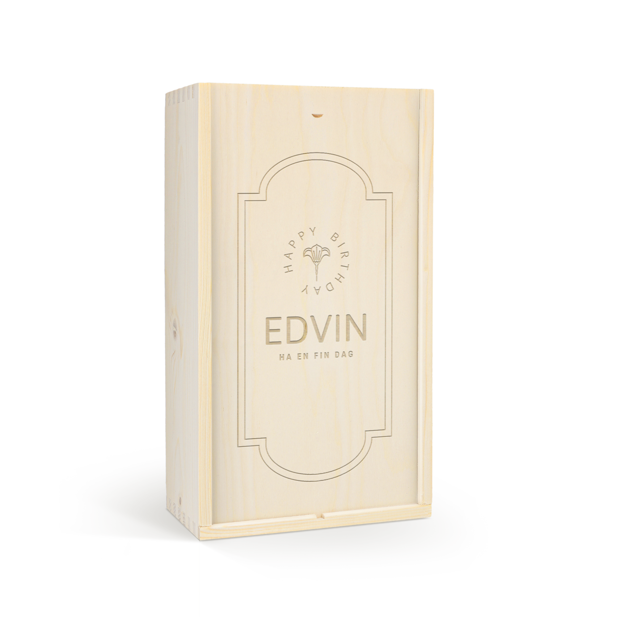 Personligt presentset med gin och tonic i en graverad träask med namn "Edvin" och "Happy Birthday"