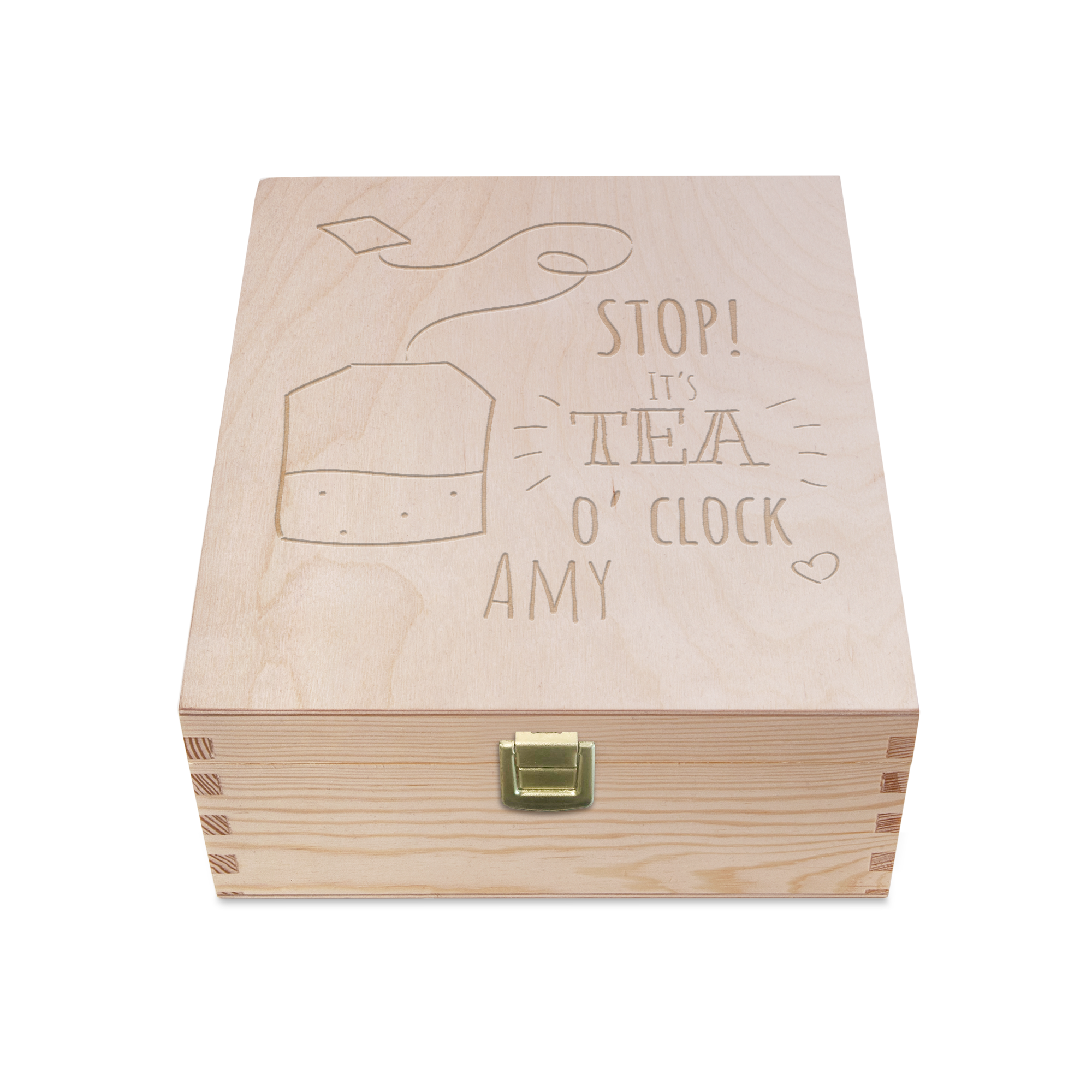 Luxe gegraveerde theedoos met tekst "STOP! IT'S TEA O' CLOCK" en de naam AMY, met een theezakje design.