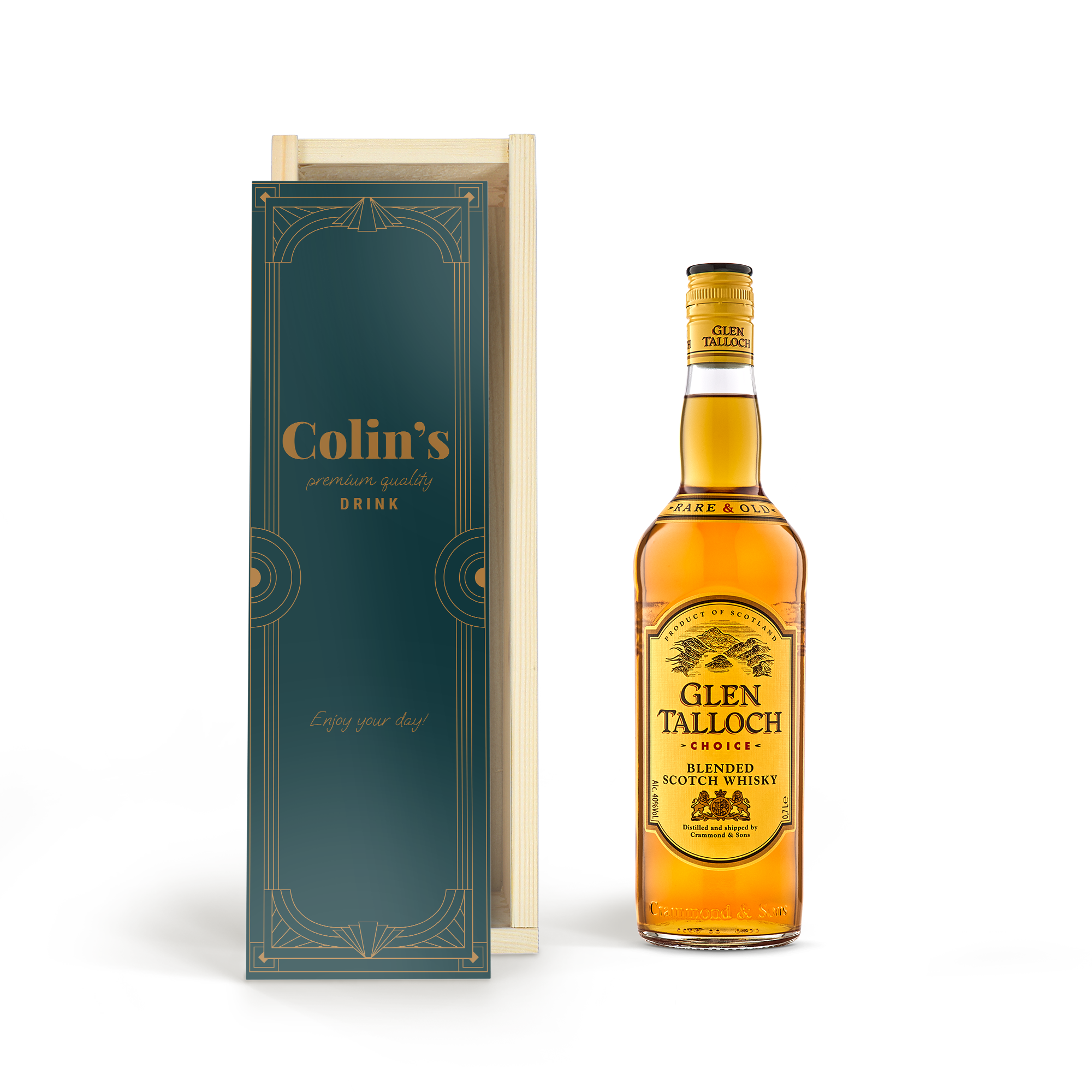 Glen Talloch whisky bottle and personalized wooden case printed with a name and message
