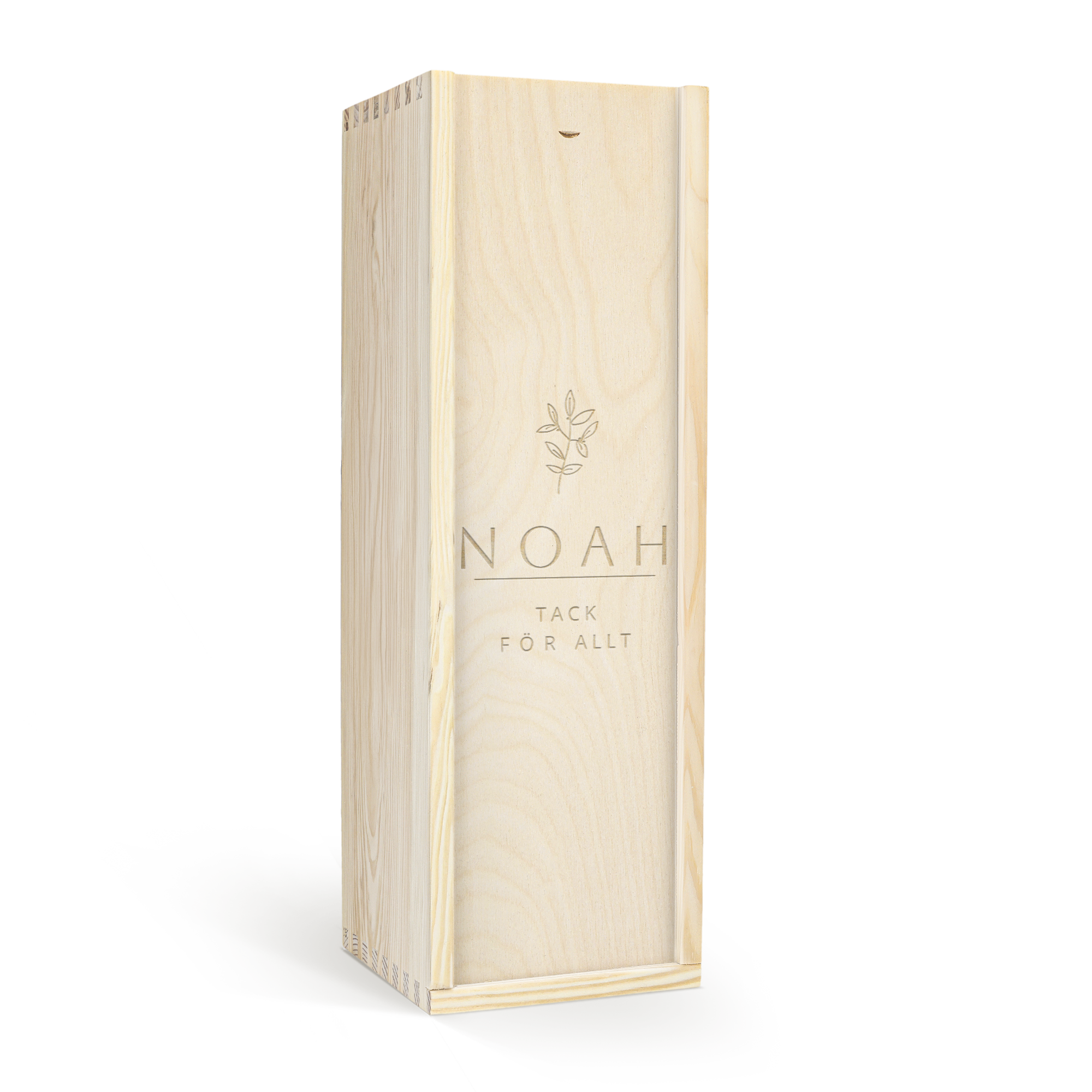 Graverad vinlåda i trä med namnet Noah och texten Tack för allt som rymmer en AIX rosé Magnum.