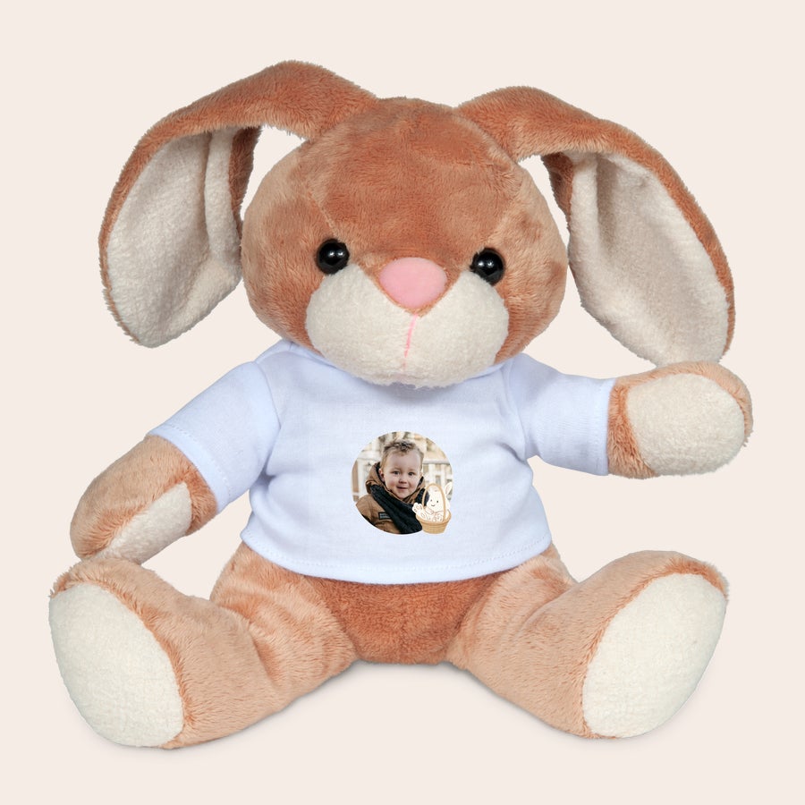 Peluche Personalizzato  - Coniglietto Peluche coniglio beige con maglietta bianca personalizzata, stampata con la foto di un bambino e una piccola illustrazione di coniglio