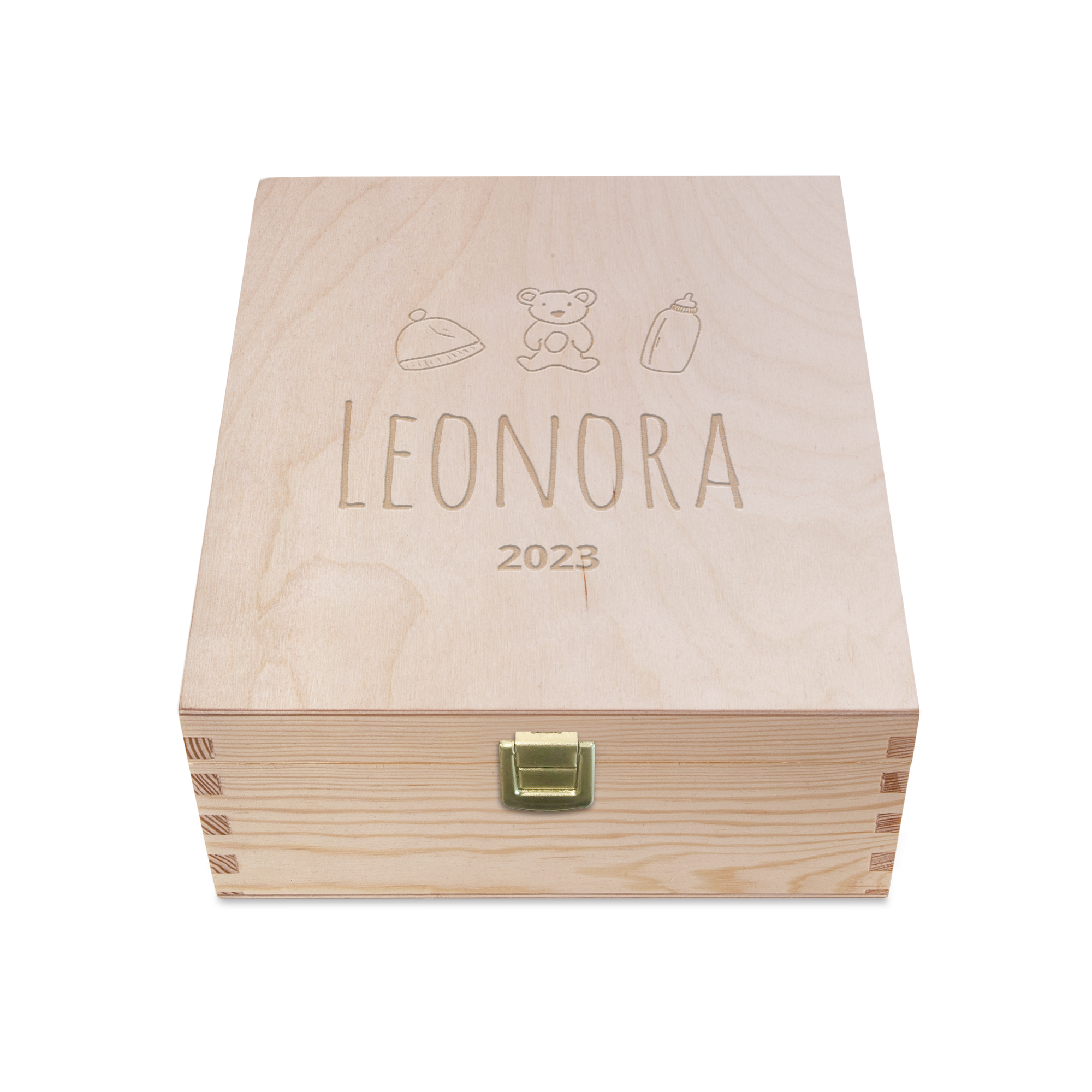 Træ mindeæske med indgraveret navn Leonora og årstal 2023, babytegn og en guld lås, til dine særlige souvenirs.