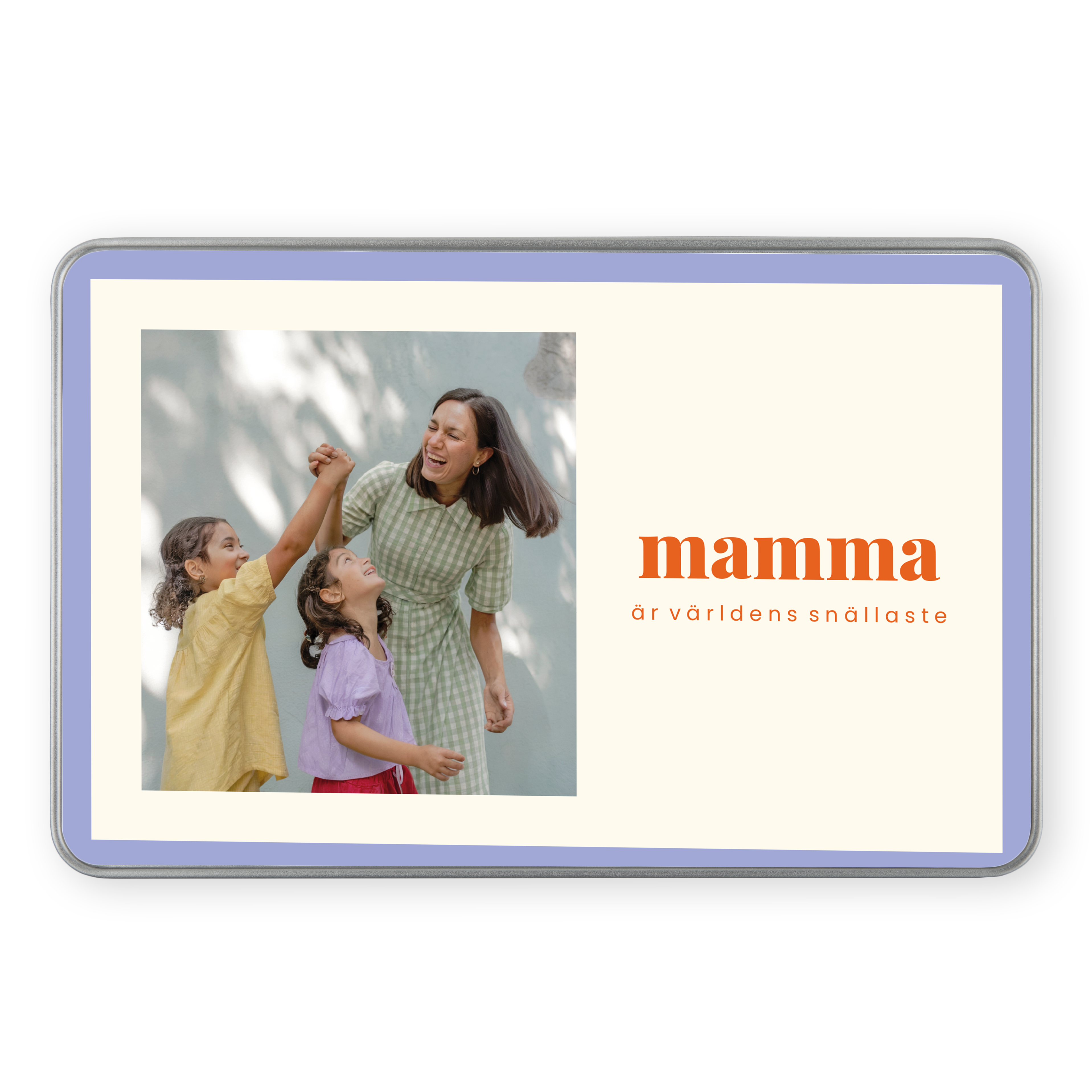 Personlig presentförpackning med Côte d’Or-choklad tryckt med foto av mamma och barn samt texten mamma är världens snällaste