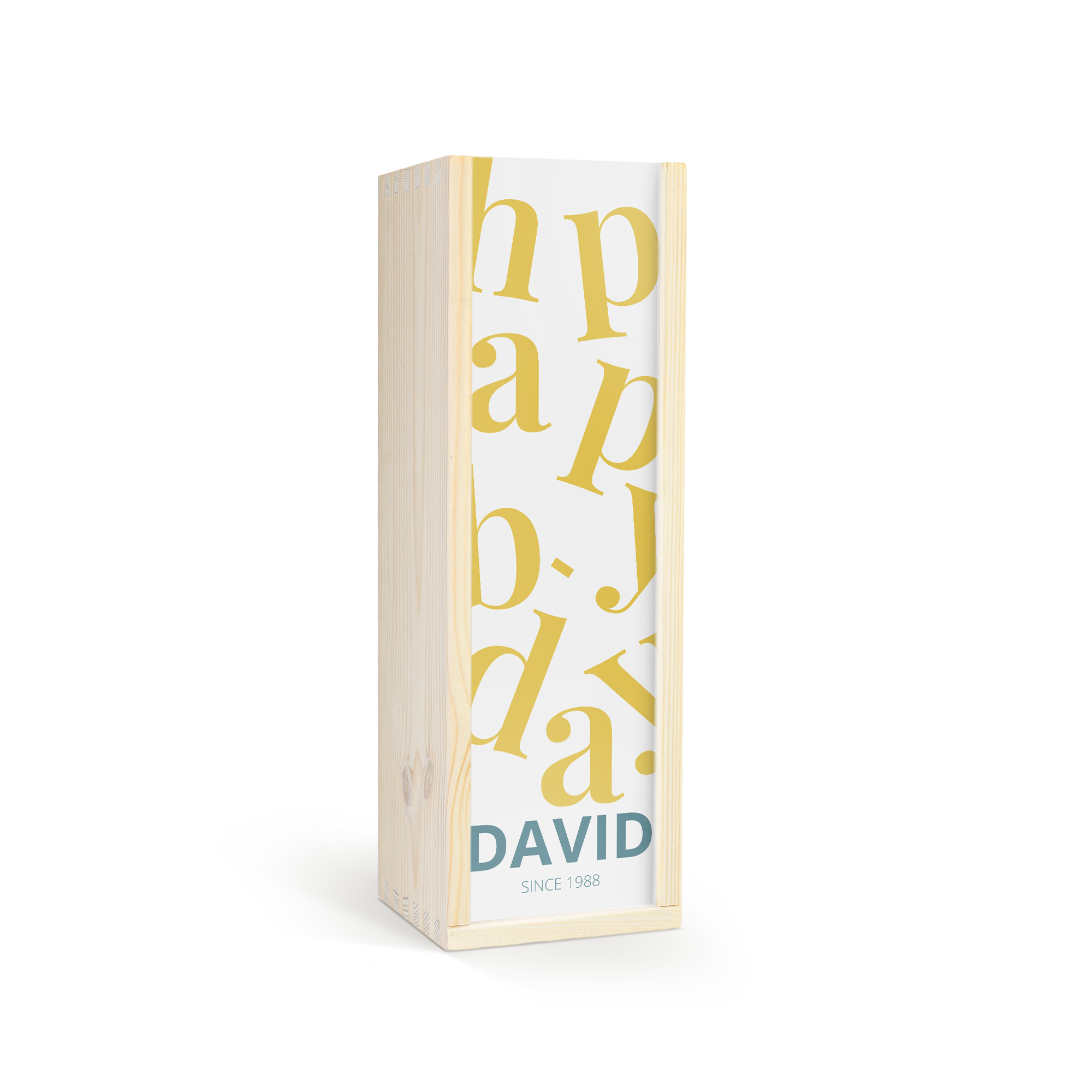 Mulled wine in printed wooden case with the text "happy b-day" and "DAVID since 1988"