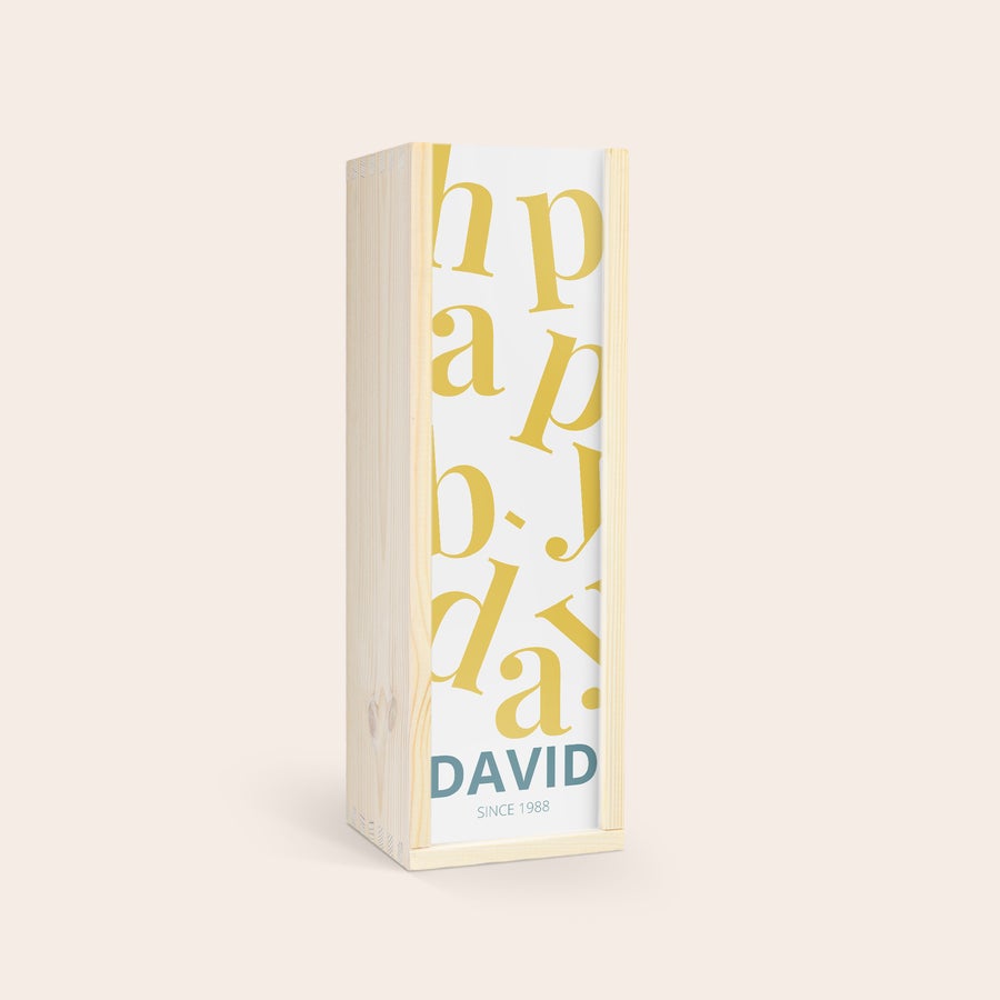 Gluhwein Engelsglut Sticlă de vin fiert în cutie din lemn, personalizată cu textul imprimat "DAVID SINCE 1988"