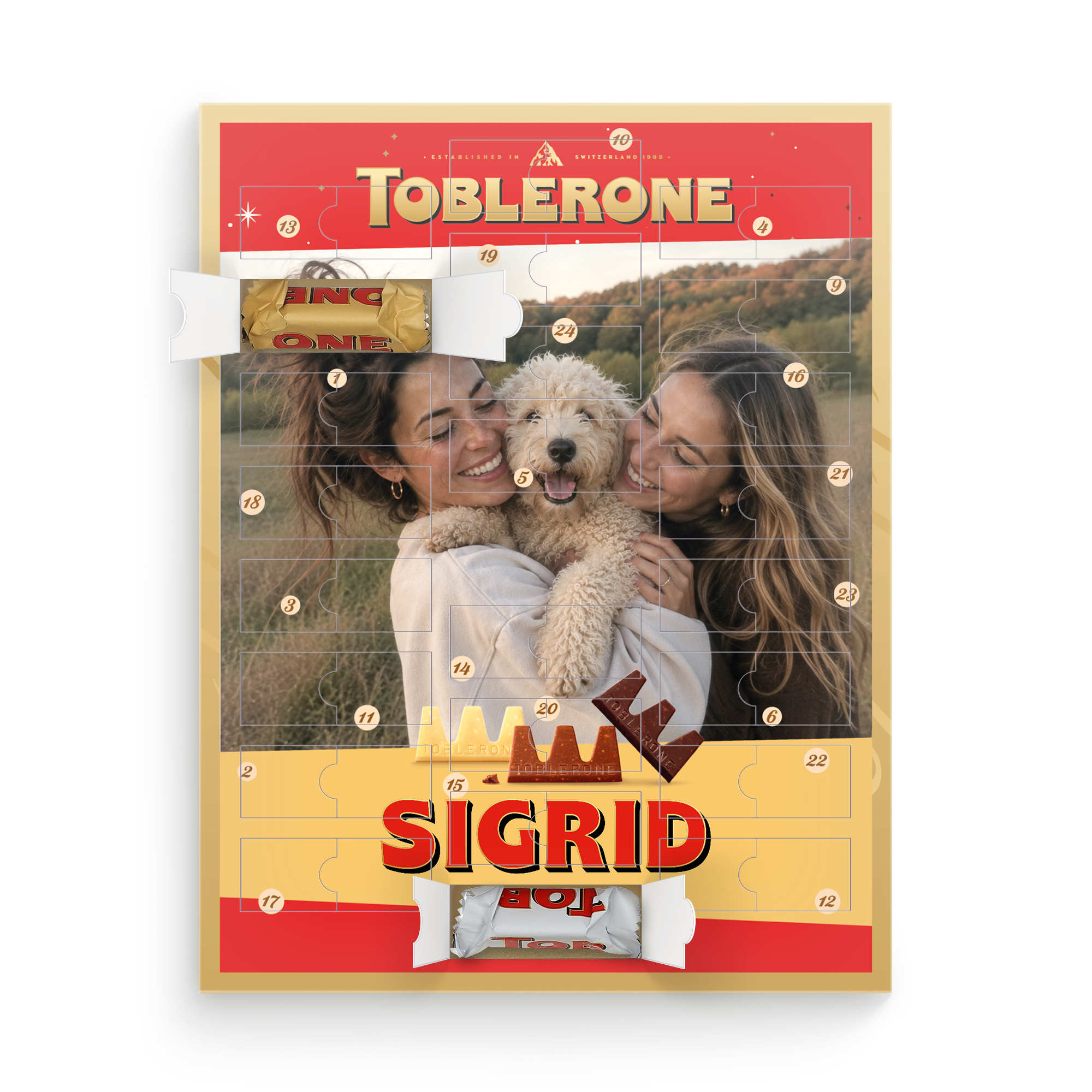 Egendesignet adventskalender Toblerone med personlig bilde av to kvinner og en hund, og navnet Sigrid trykt på.