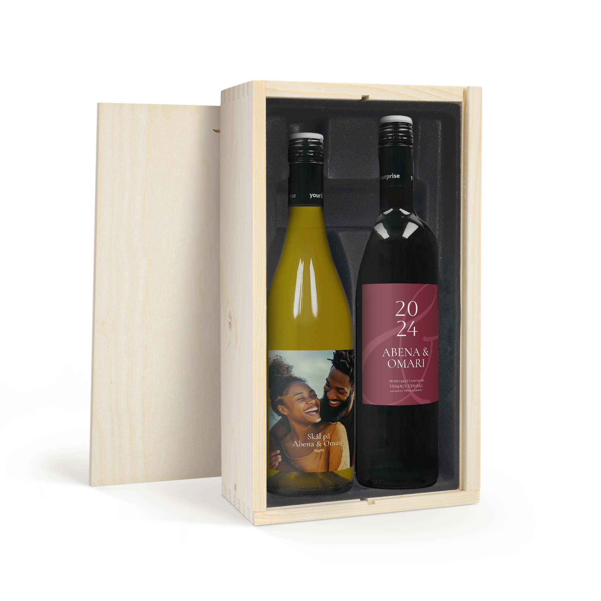 Vinsæt med personlig etikette og trækasse - Maison de la Surprise Chardonnay & Merlot